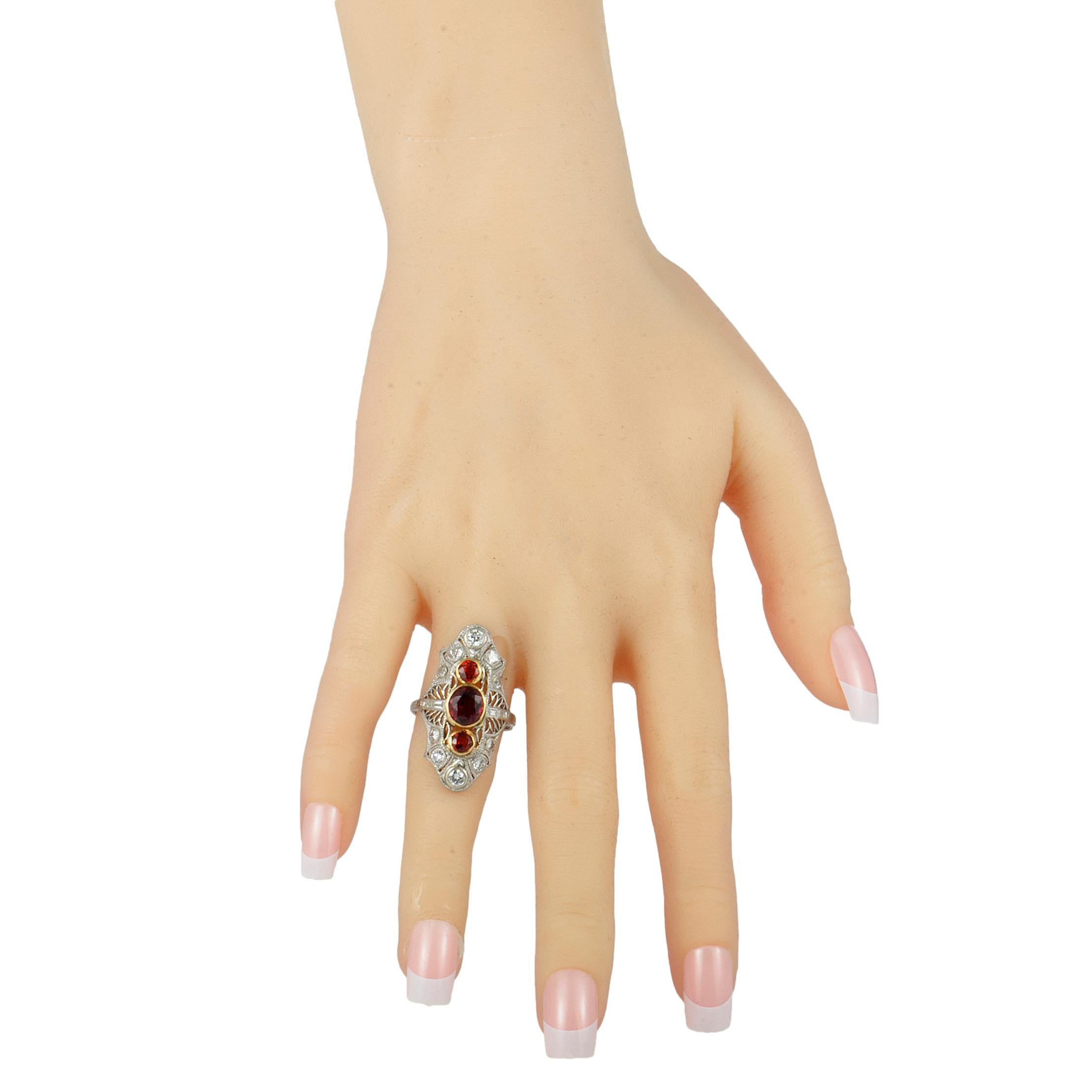 Women's Diamond and Orange Sapphire Filigree Platinum and Yellow Gold Marquise Ring