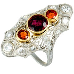 Diamond and Orange Sapphire Filigree Platinum and Yellow Gold Marquise Ring