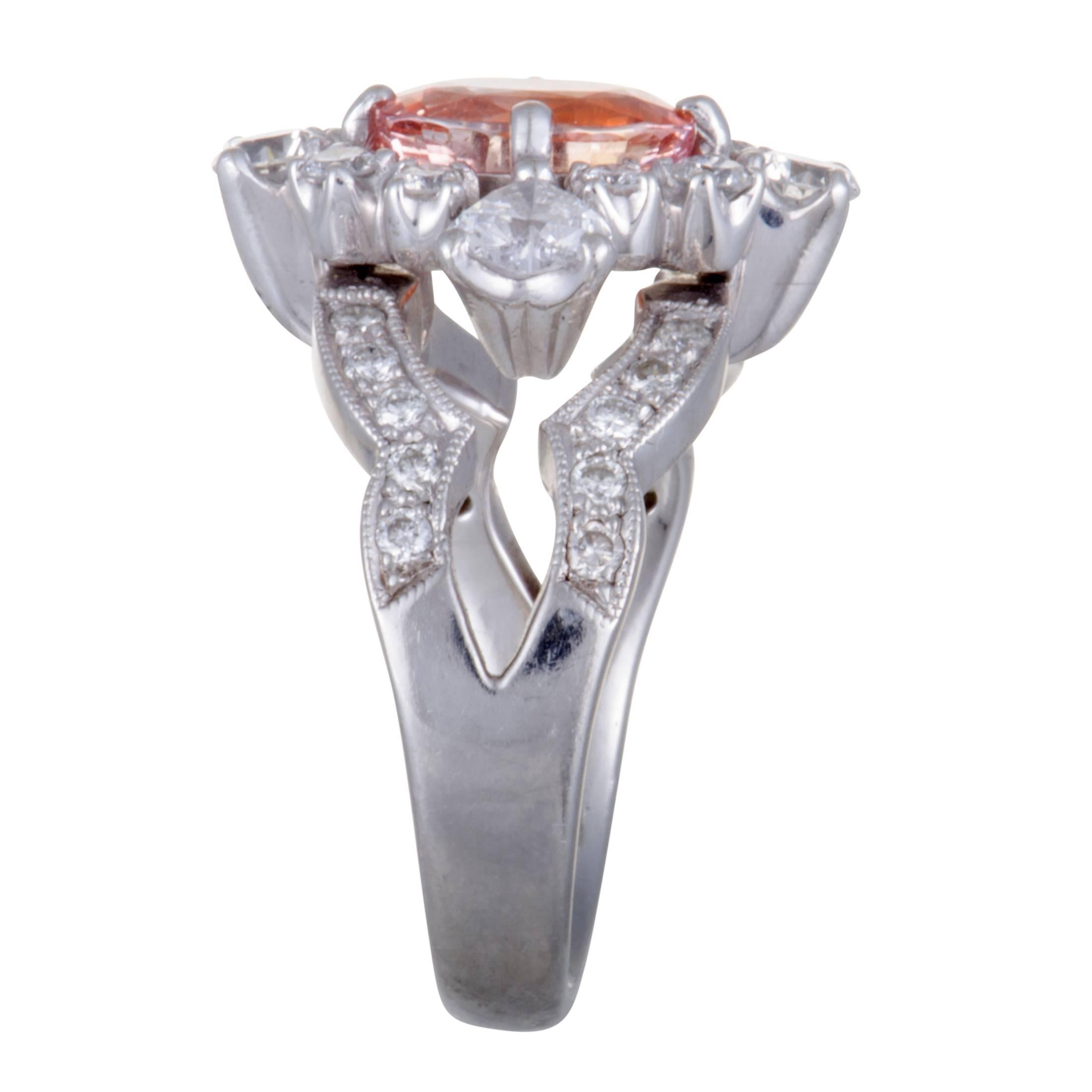 Diamond and Orange Sapphire Platinum Ring In Excellent Condition In Southampton, PA
