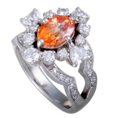 Retro Diamond and Orange Sapphire Platinum Ring