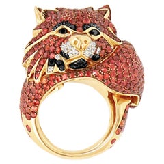 Diamond and Orange Sapphires Fox Head Italian Design Ring in 18kt Gold