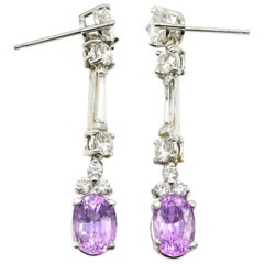 Diamond and Oval Pink Sapphire Dangle Earrings 14 Karat White Gold