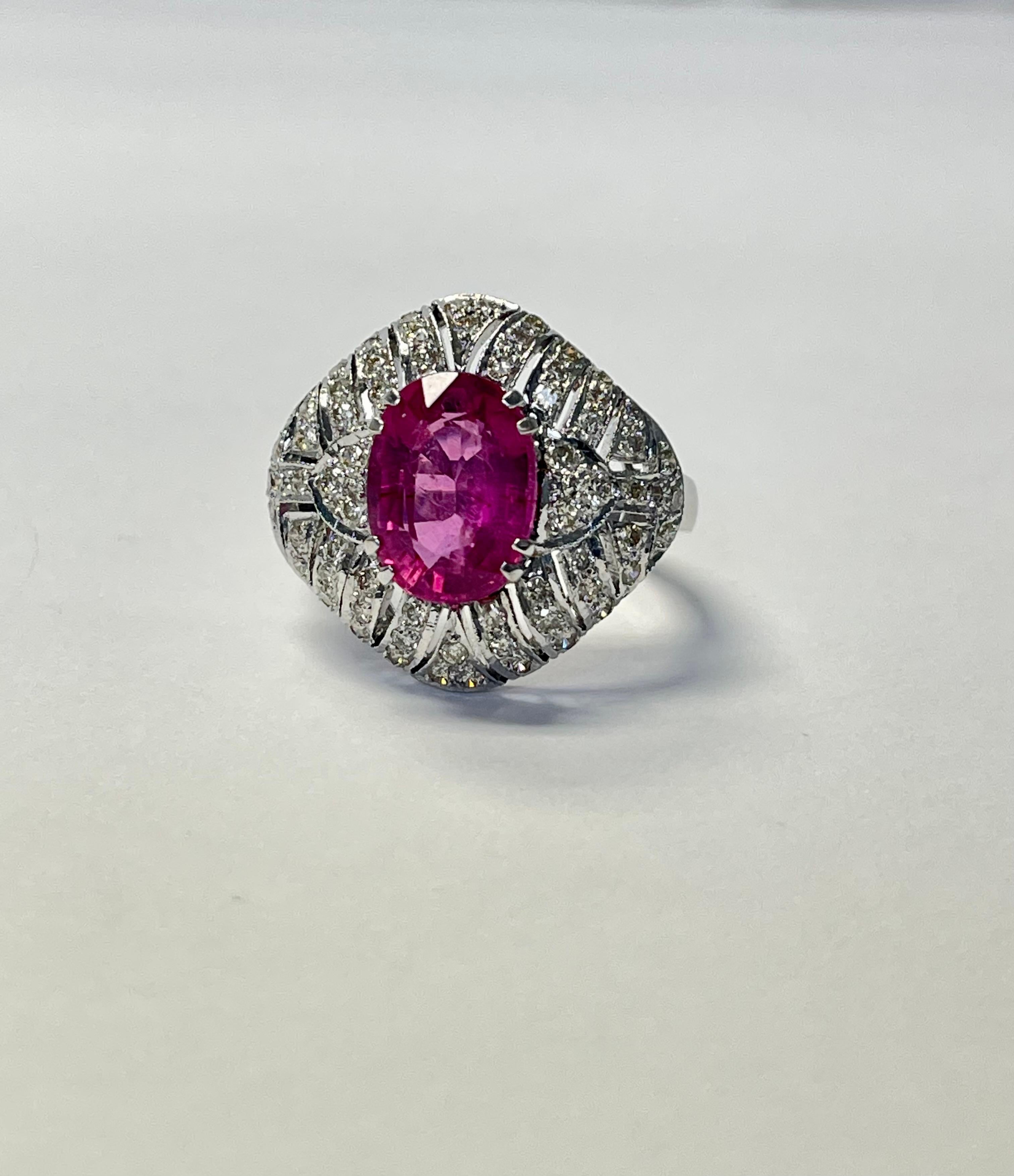 Contemporary 1920 Art Deco Diamond and Oval Rubellite Engagement Ring in 18K White Gold For Sale