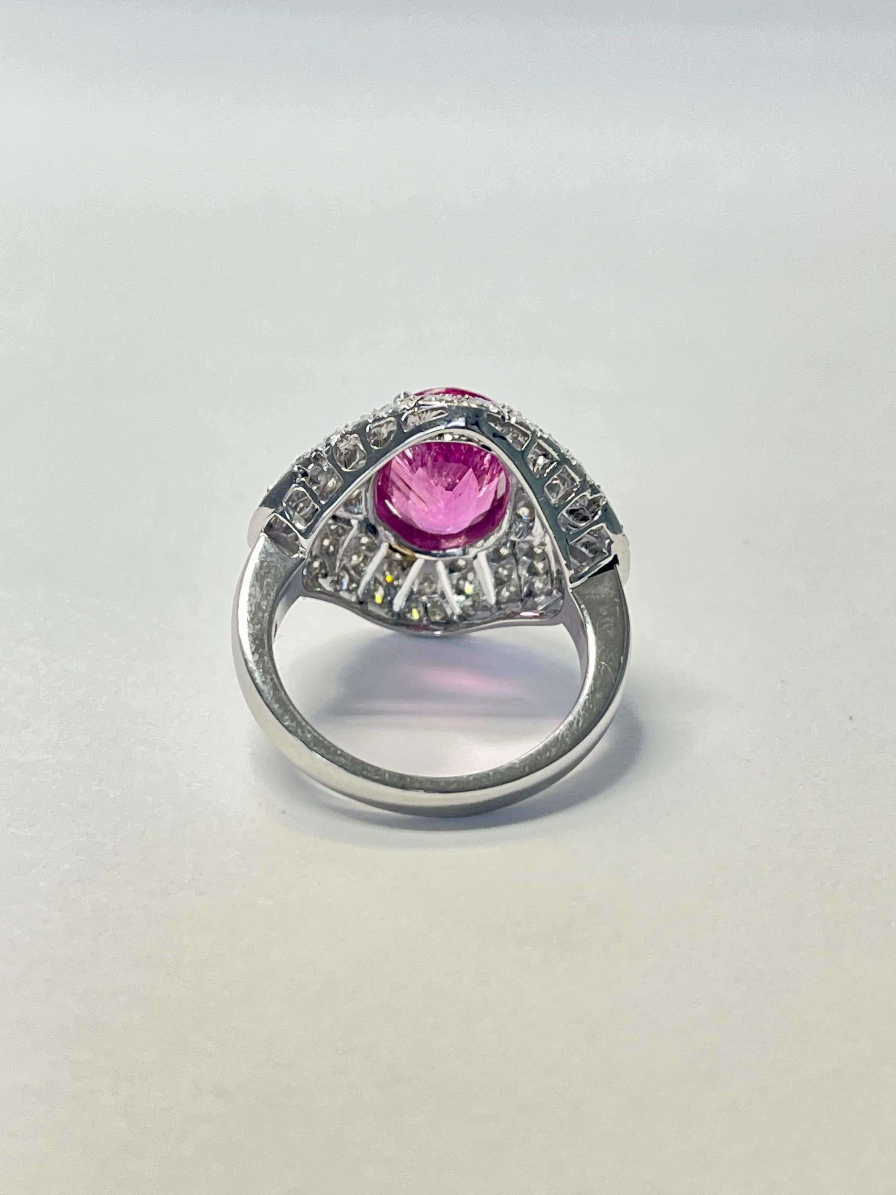 1920 Art Deco Diamond and Oval Rubellite Engagement Ring in 18K White Gold In New Condition For Sale In New York, NY