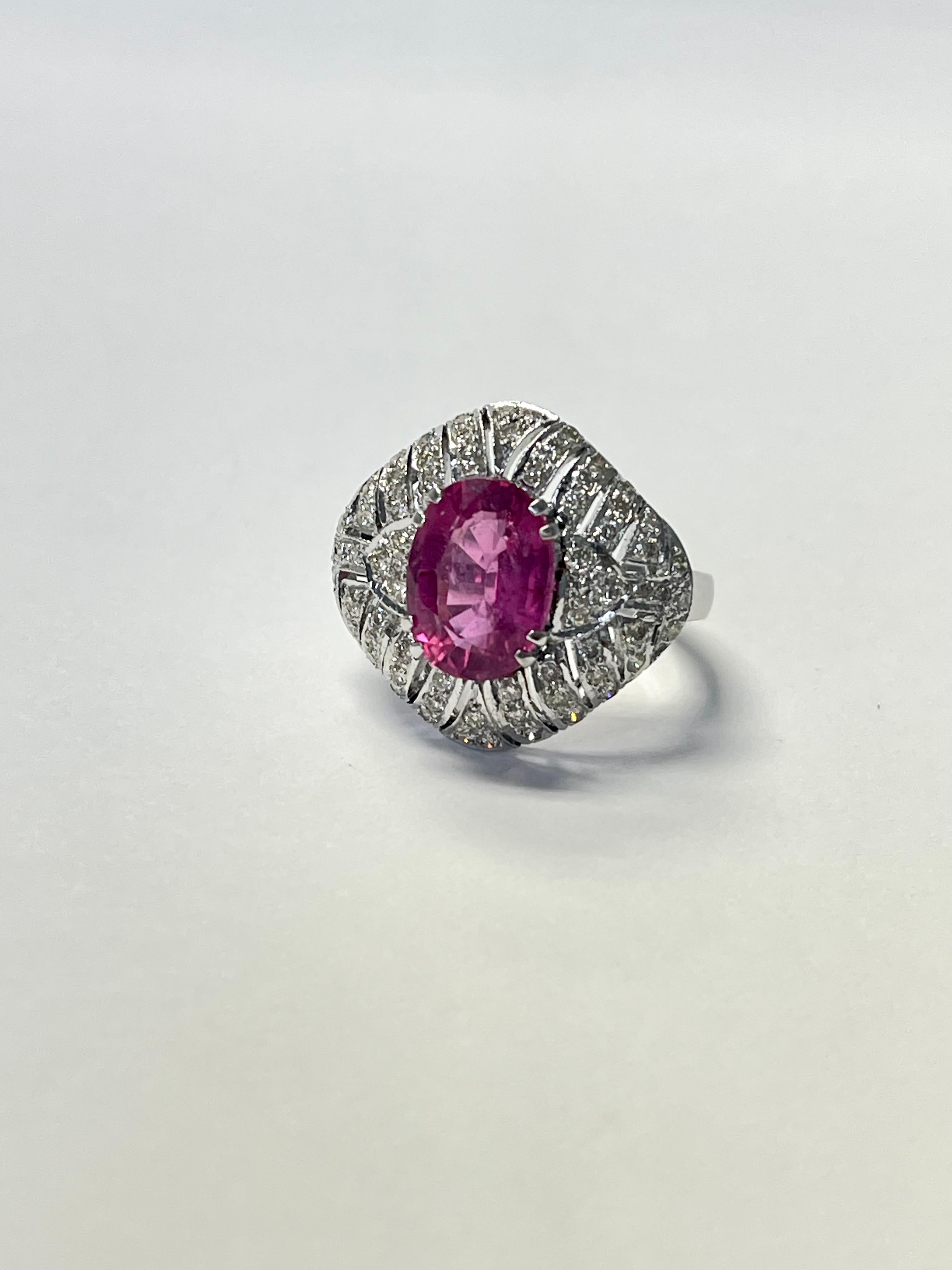 Men's 1920 Art Deco Diamond and Oval Rubellite Engagement Ring in 18K White Gold For Sale