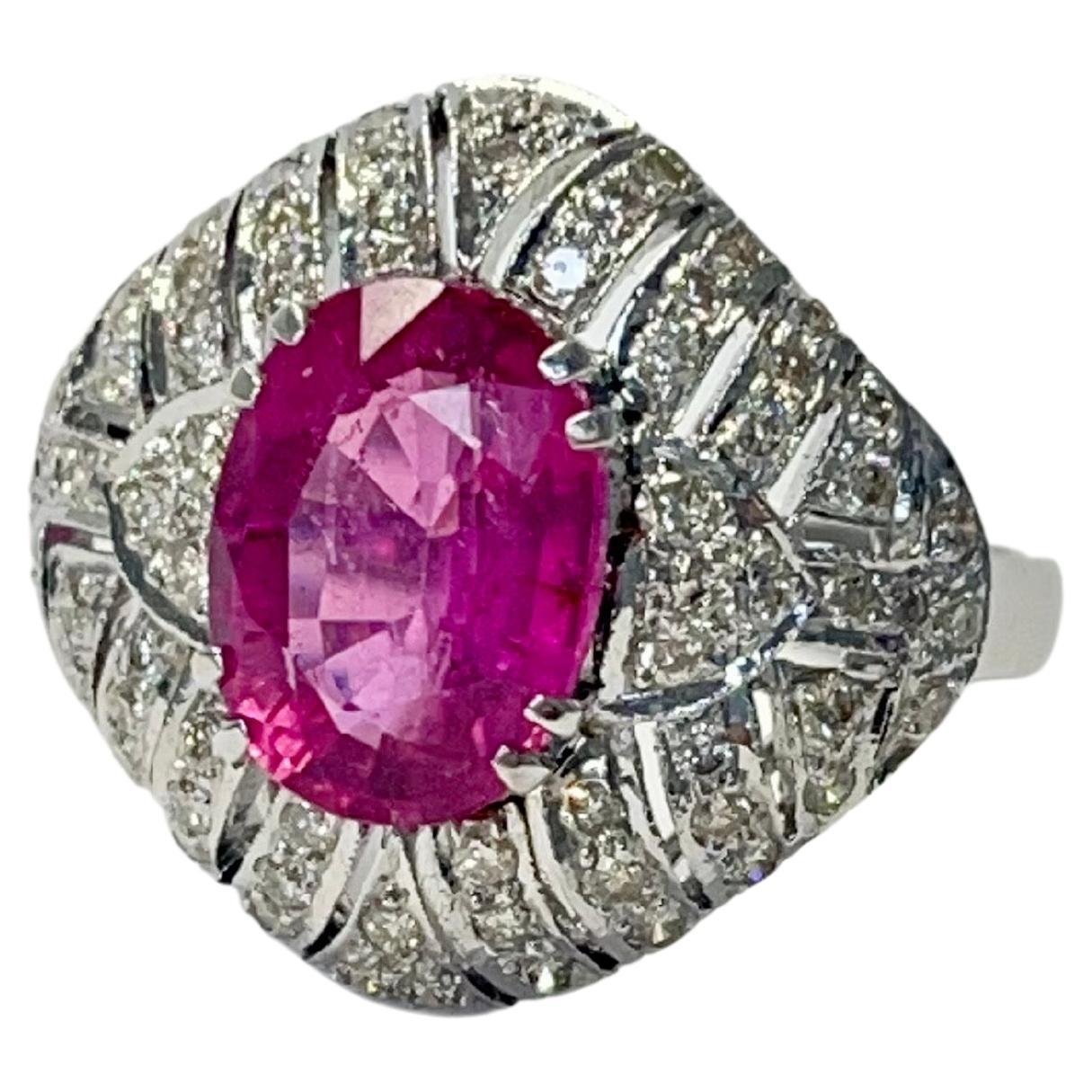 1920 Art Deco Diamond and Oval Rubellite Engagement Ring in 18K White Gold