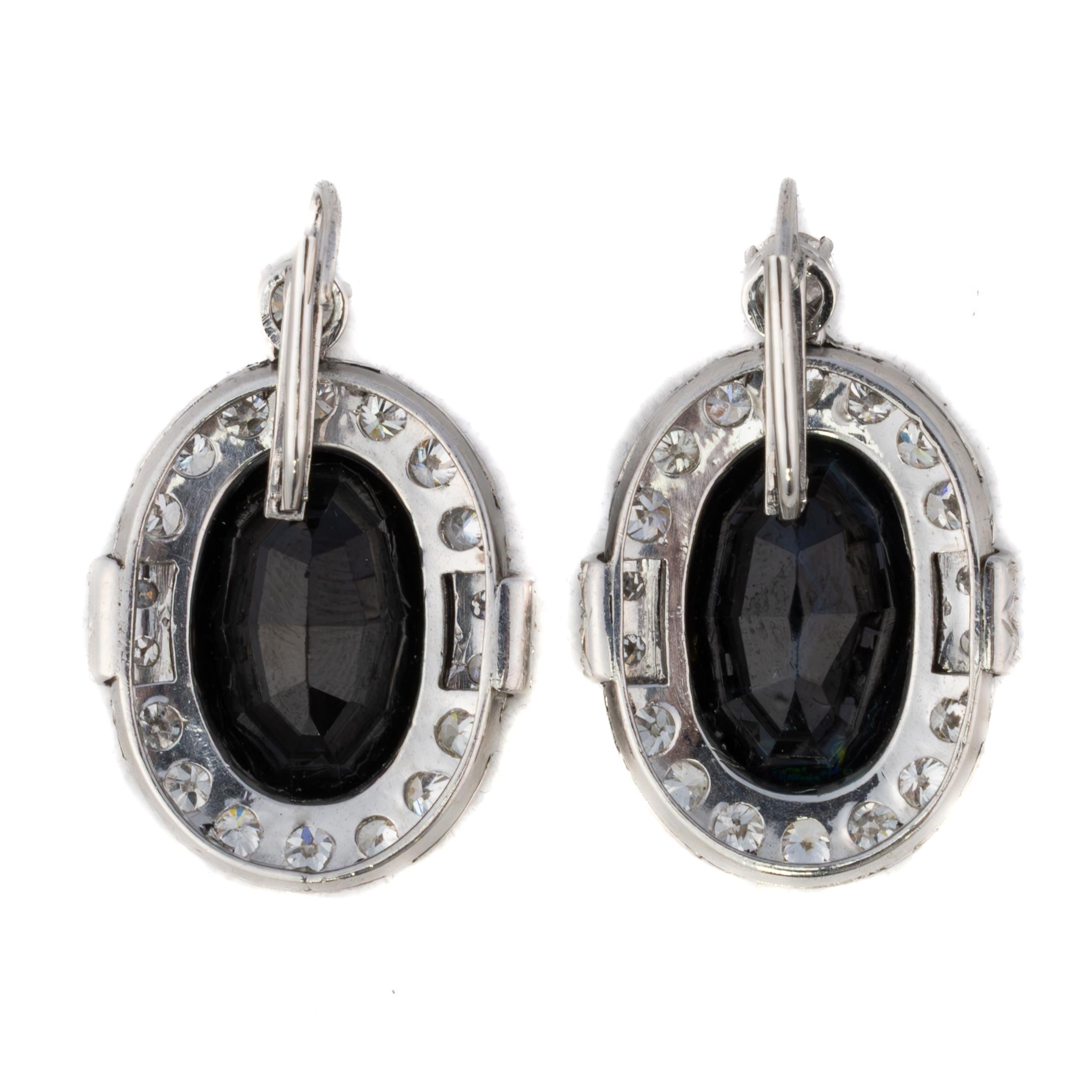 Retro Diamond and Oval Sapphire Halo Drop Earrings For Sale