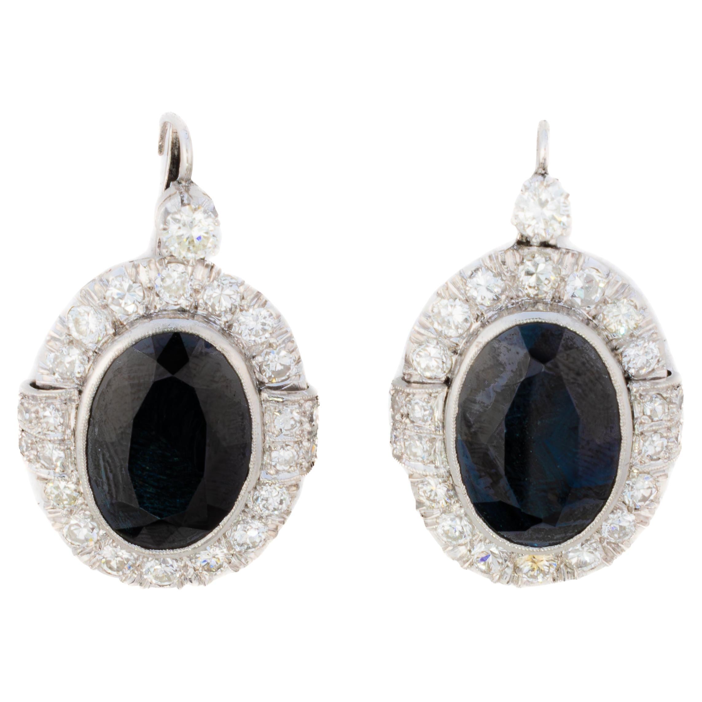 Diamond and Oval Sapphire Halo Drop Earrings For Sale