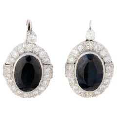 Diamond and Oval Sapphire Halo Drop Earrings
