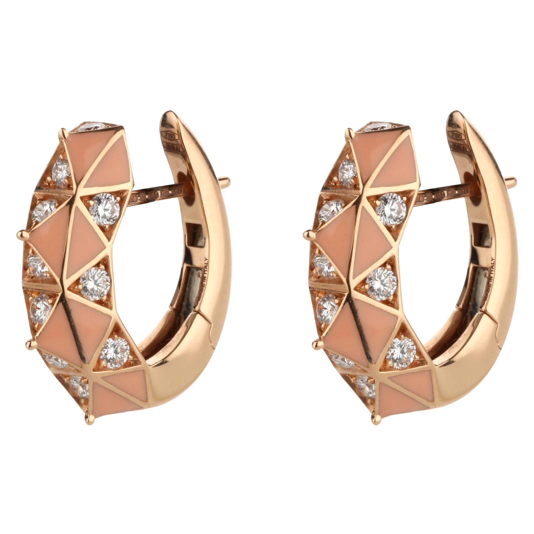 18 Karat Gold Diamond and Peach Enamel Hoop Earrings For Sale