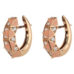 18 Karat Gold Diamond and Peach Enamel Hoop Earrings