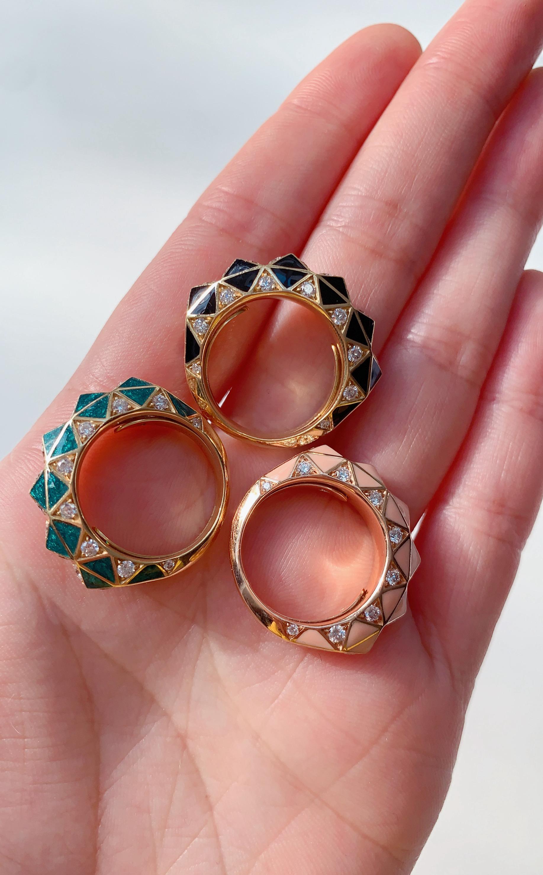 Diamond and Peach Enamel Stack Ring For Sale 2