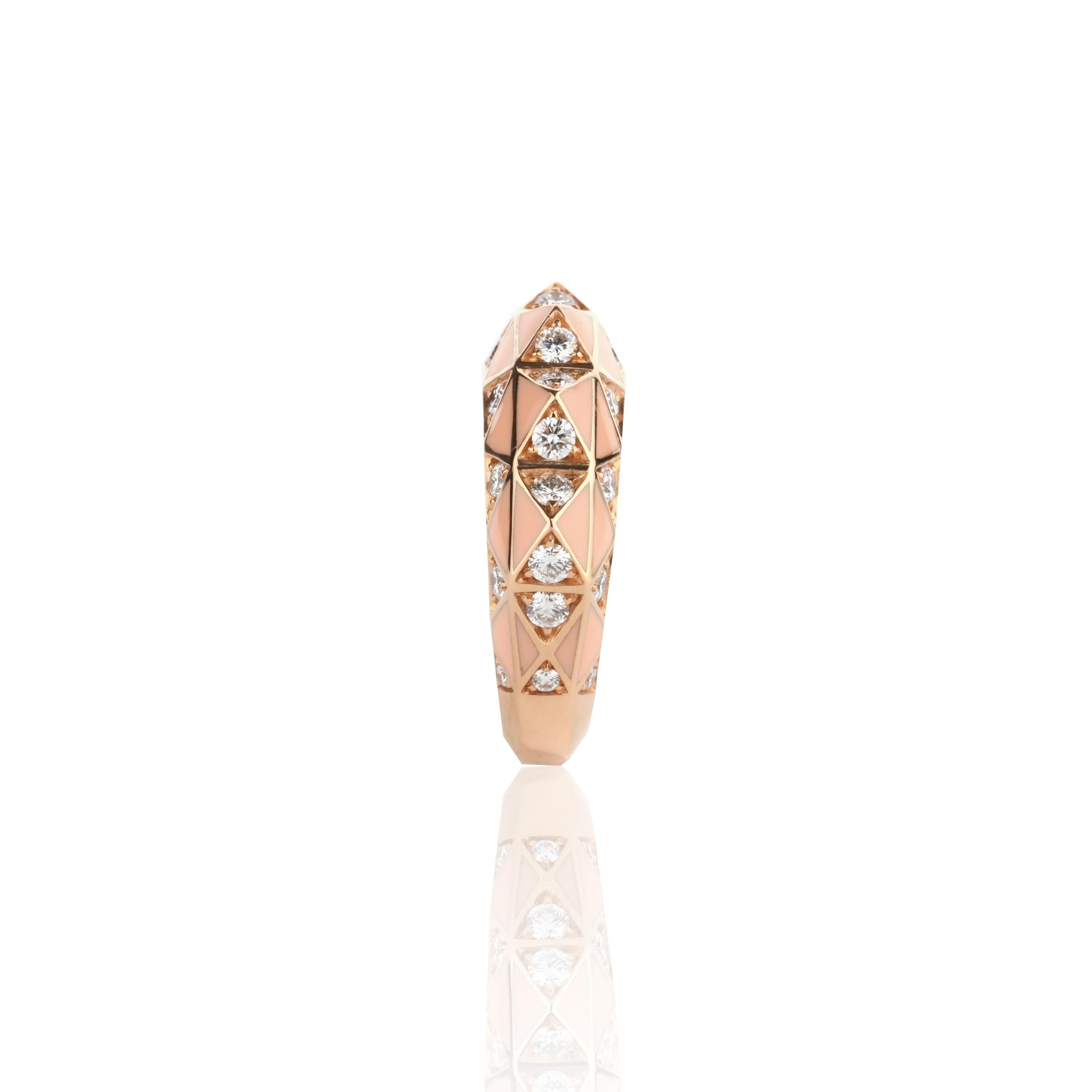 Contemporary Diamond and Peach Enamel Stack Ring For Sale
