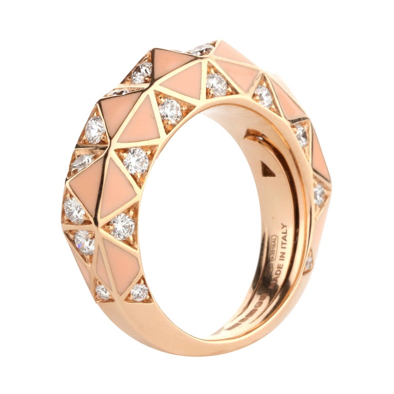 Diamond and Peach Enamel Stack Ring For Sale at 1stDibs