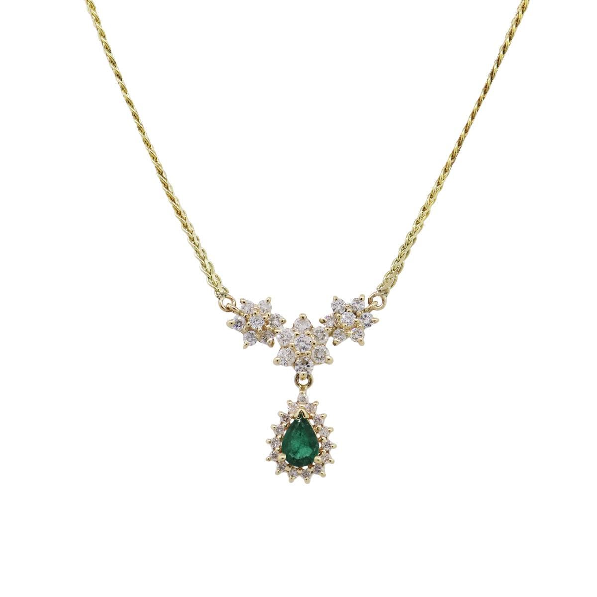 Material: 14k yellow gold
Diamond Details: Approximately 0.65ctw of round brilliant diamonds. Diamonds are G/H in color and VS in clarity
Gemstone Details: Pear shape emerald measuring approximately 7mm x 4.93mm
Necklace Measurements: Necklace is