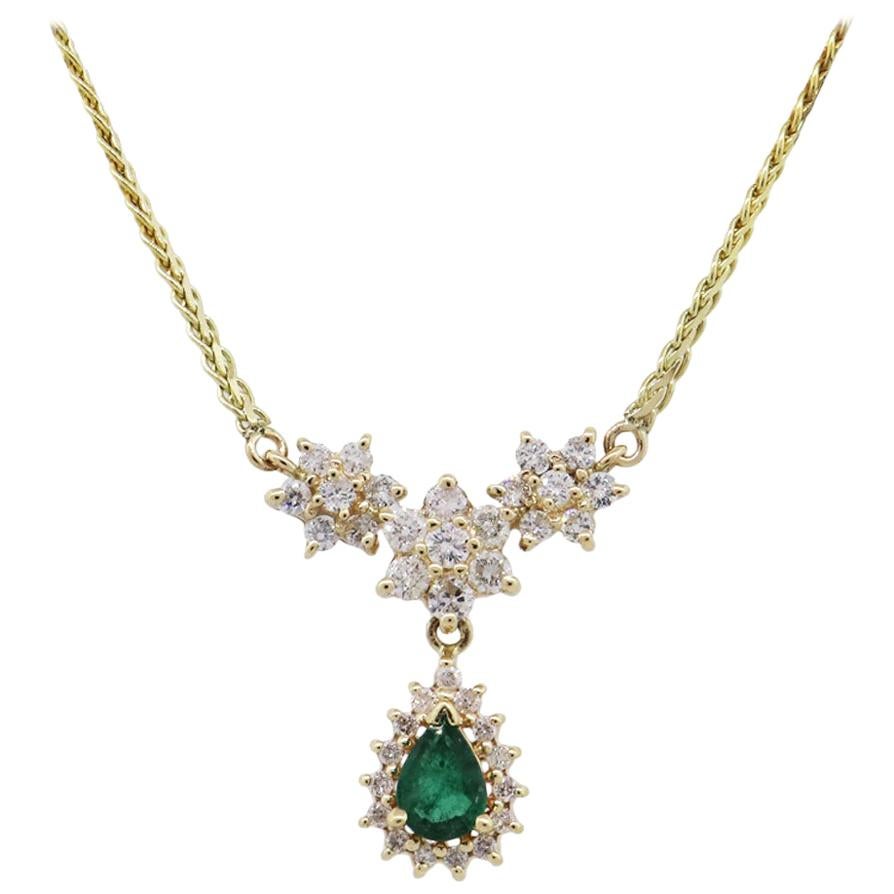 Diamond and Pear Shape Emerald Pendant Necklace
