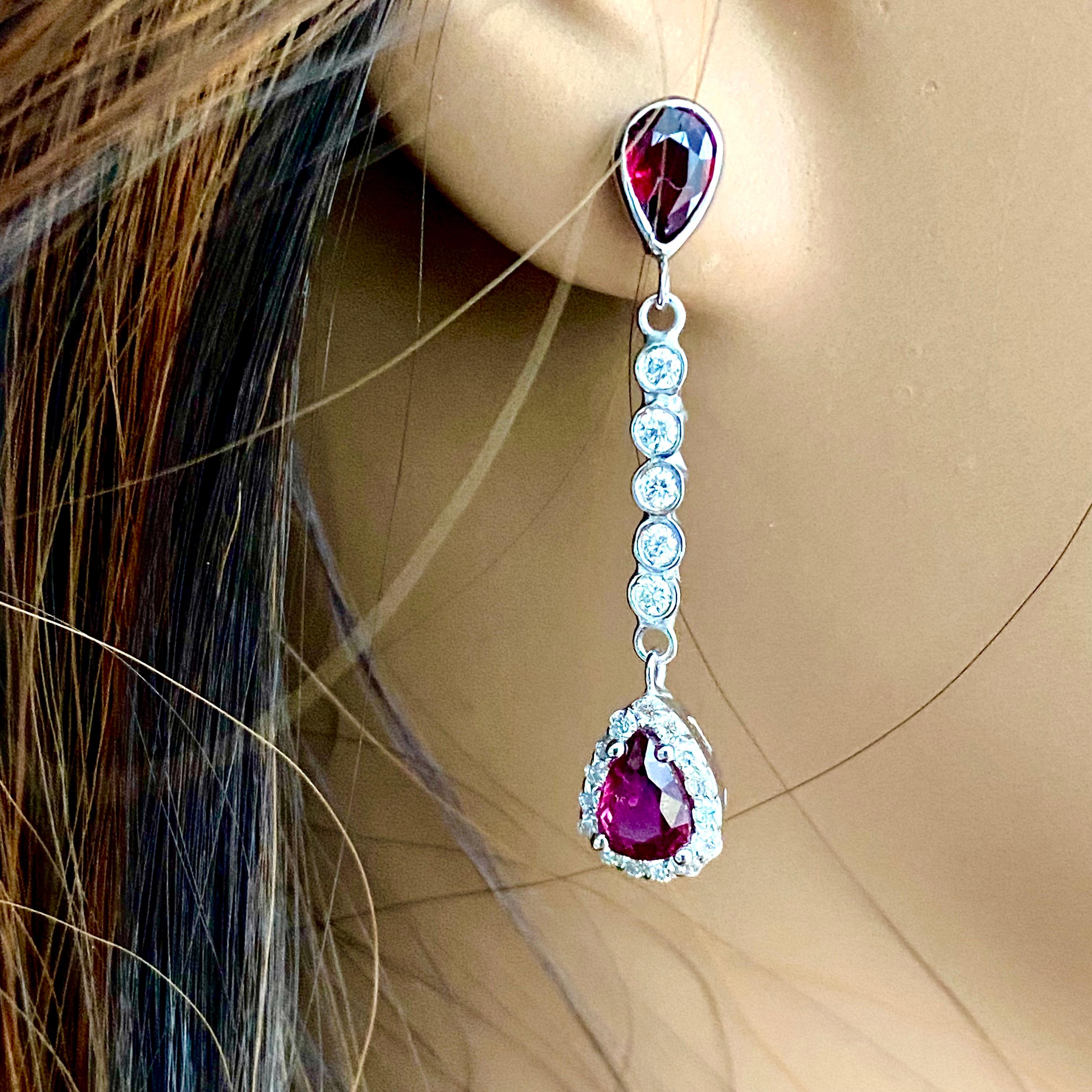 Diamond Pear Ruby 3.40 Carat Halo Lariat White Gold 1.5 Inch Drop Earrings For Sale 3