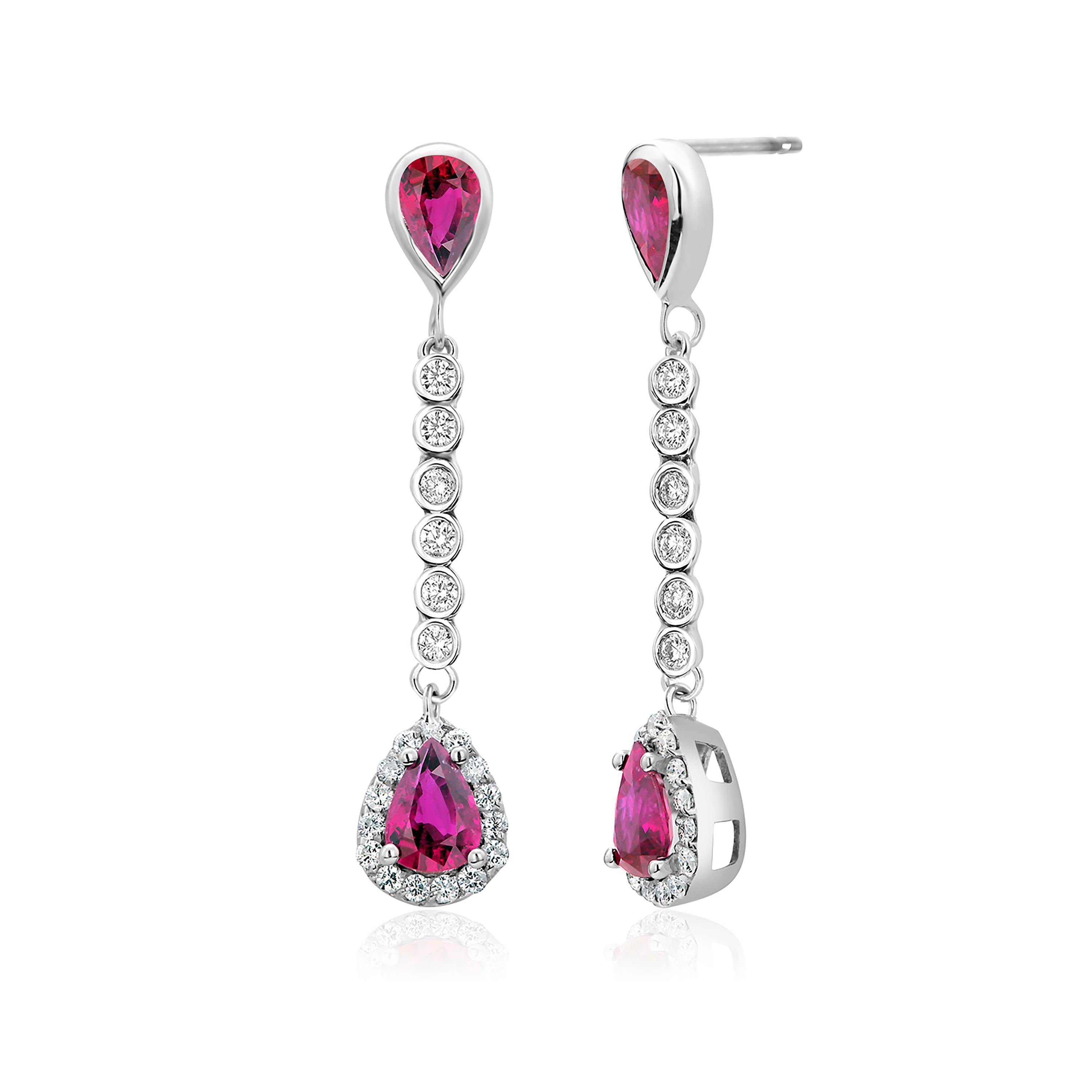 Modern Diamond Pear Ruby 3.40 Carat Halo Lariat White Gold 1.5 Inch Drop Earrings For Sale