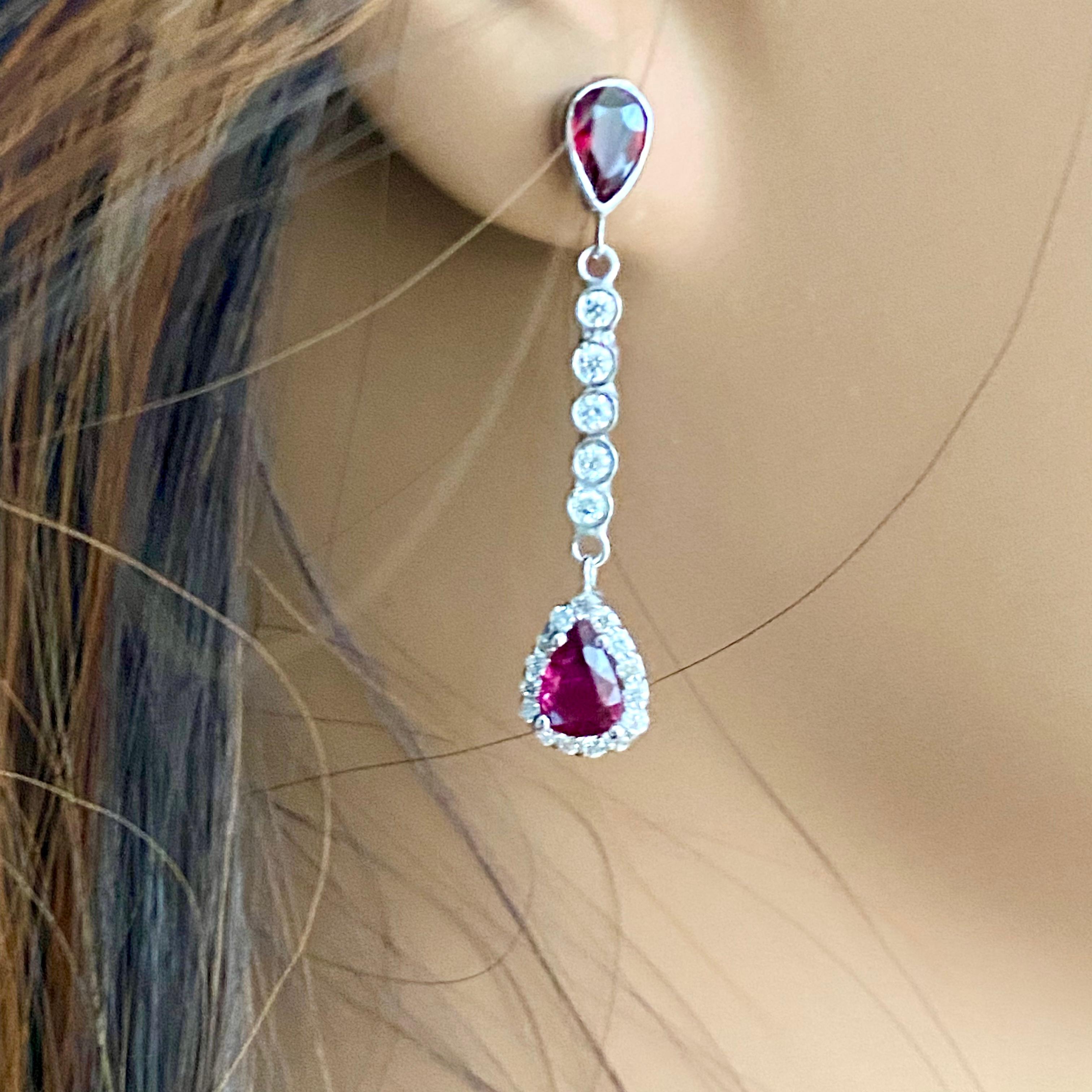 Pear Cut Diamond Pear Ruby 3.40 Carat Halo Lariat White Gold 1.5 Inch Drop Earrings For Sale