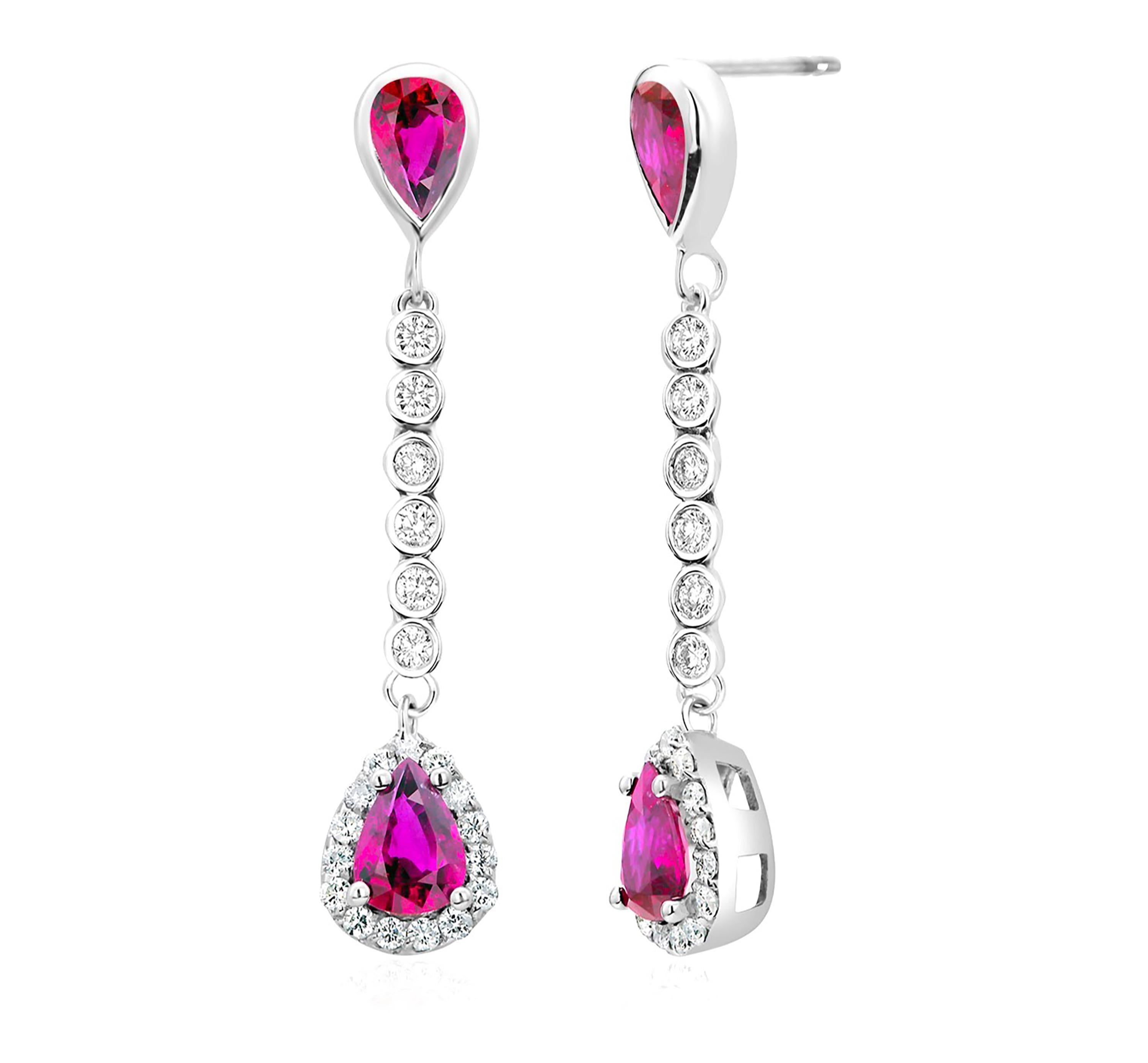 Women's Diamond Pear Ruby 3.40 Carat Halo Lariat White Gold 1.5 Inch Drop Earrings For Sale