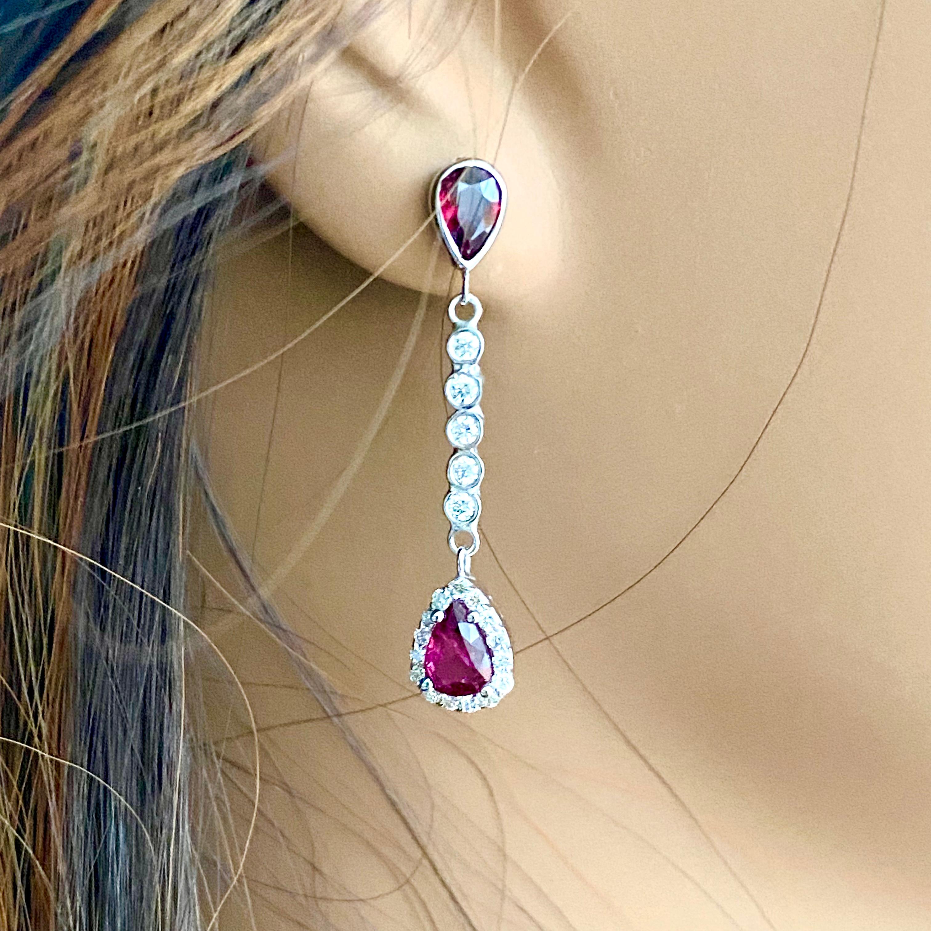 Diamond Pear Ruby 3.40 Carat Halo Lariat White Gold 1.5 Inch Drop Earrings For Sale 1