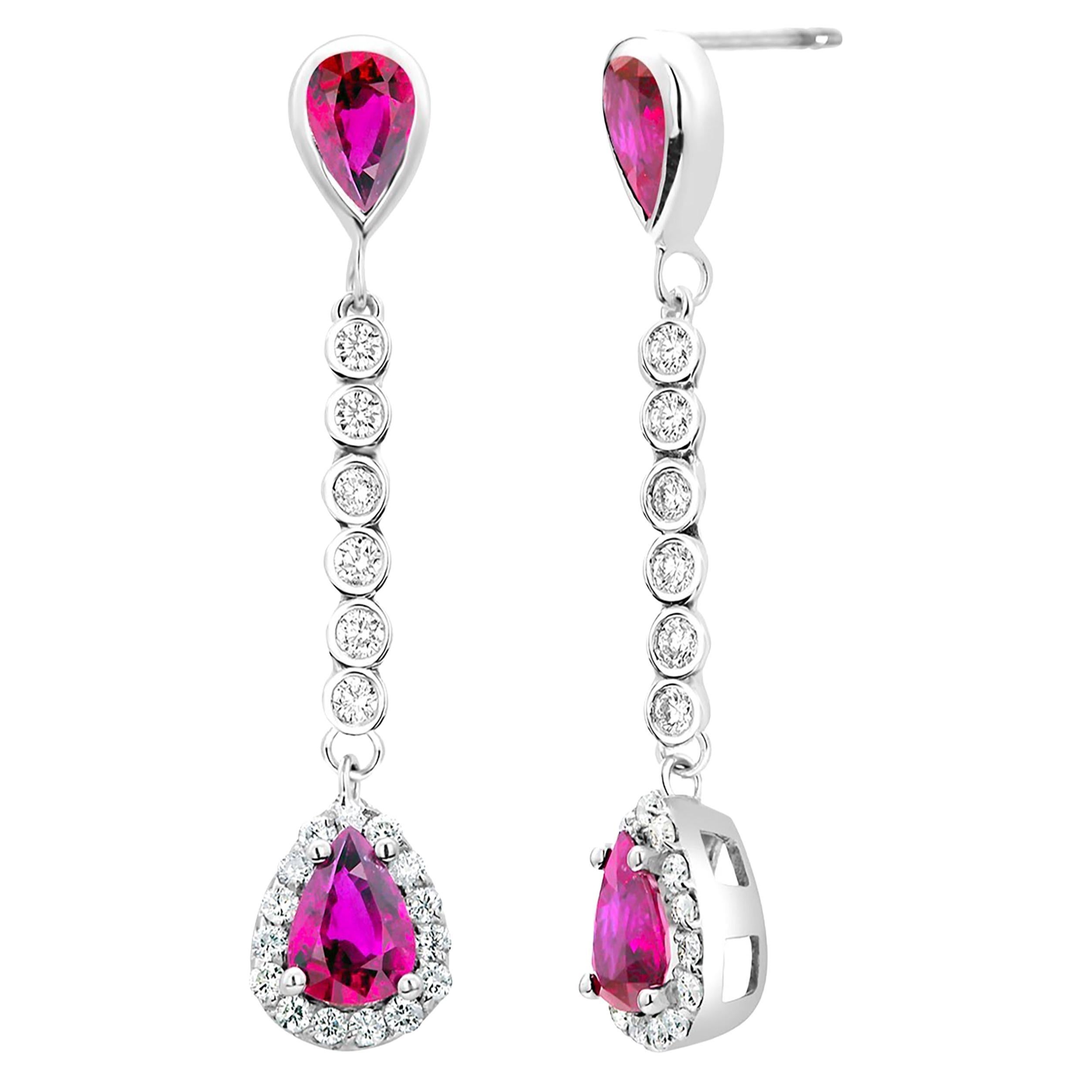 Diamond Pear Ruby 3.40 Carat Halo Lariat White Gold 1.5 Inch Drop Earrings For Sale