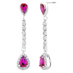 Diamond and Pear Shaped Ruby Halo Style Lariat Gold Drop Earrings