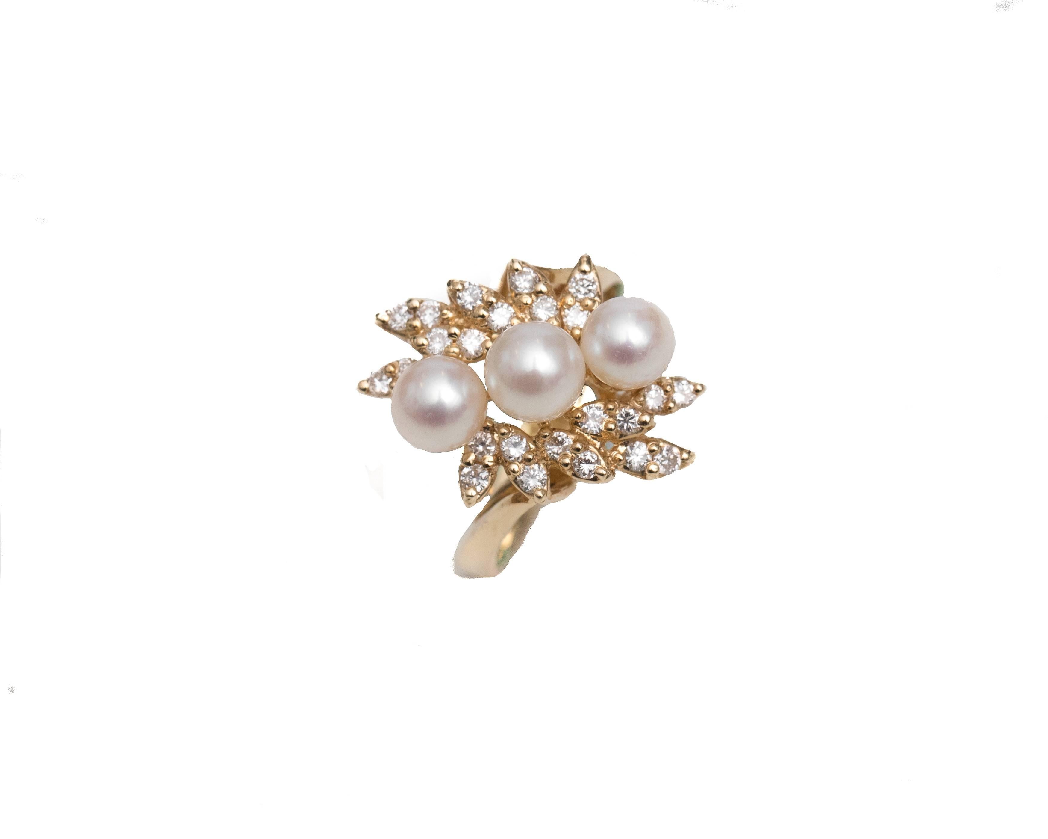 Round Cut Diamond and Pearl 14 Karat Yellow Gold Cocktail Ring