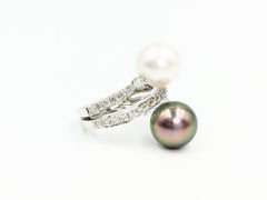 Diamond and Pearl 18 Karat White Gold Bypass Style Ring