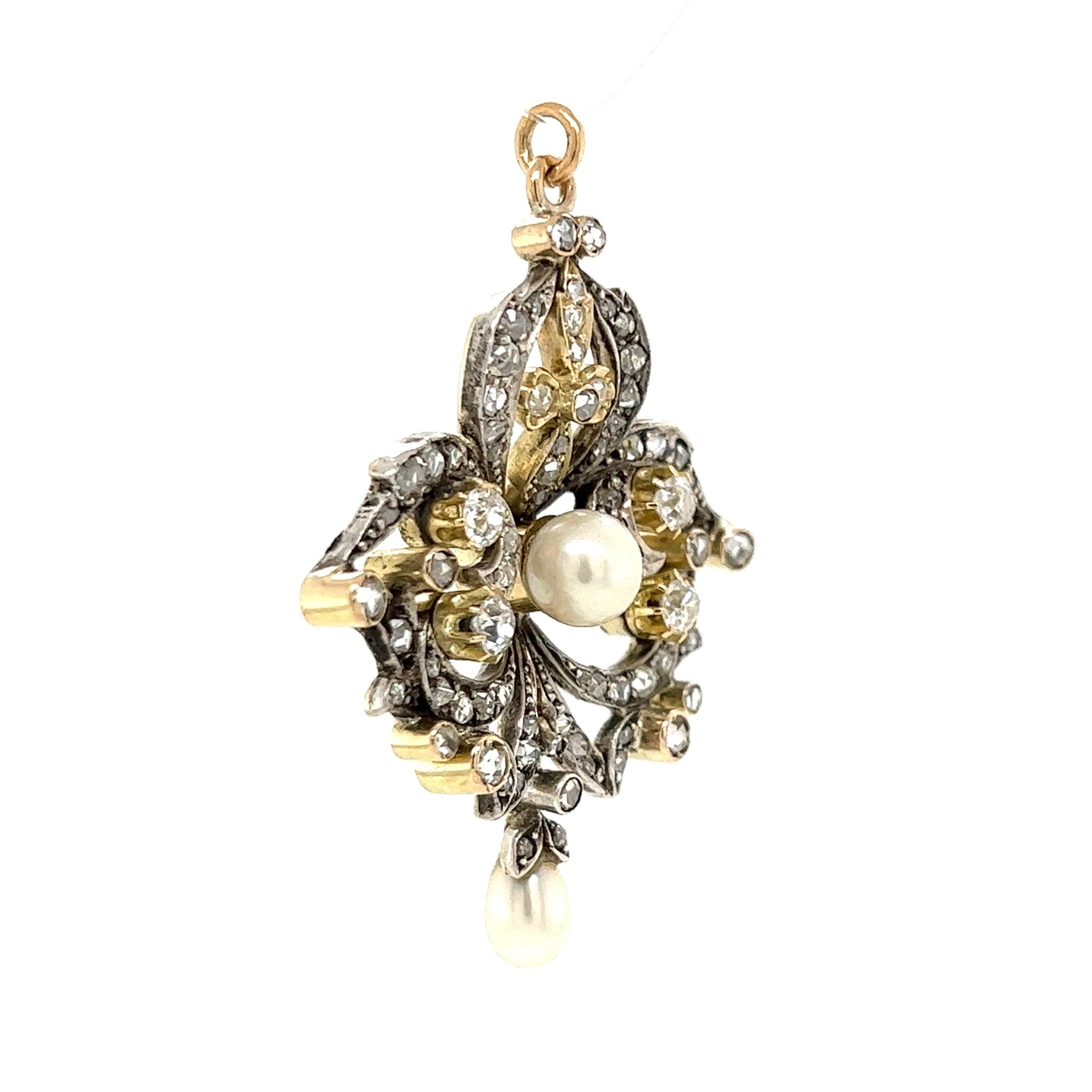 Simply Beautiful! Elegant and finely detailed Antique Victorian Diamond and Pearl Pendant Necklace. Hand set with 67 Rose-Cut Diamonds approx. 1.34tcw and 4 Old Mine-Cut Diamonds approx. 0.50tcw. Approx. total weight of diamonds. 1.84tcw.
