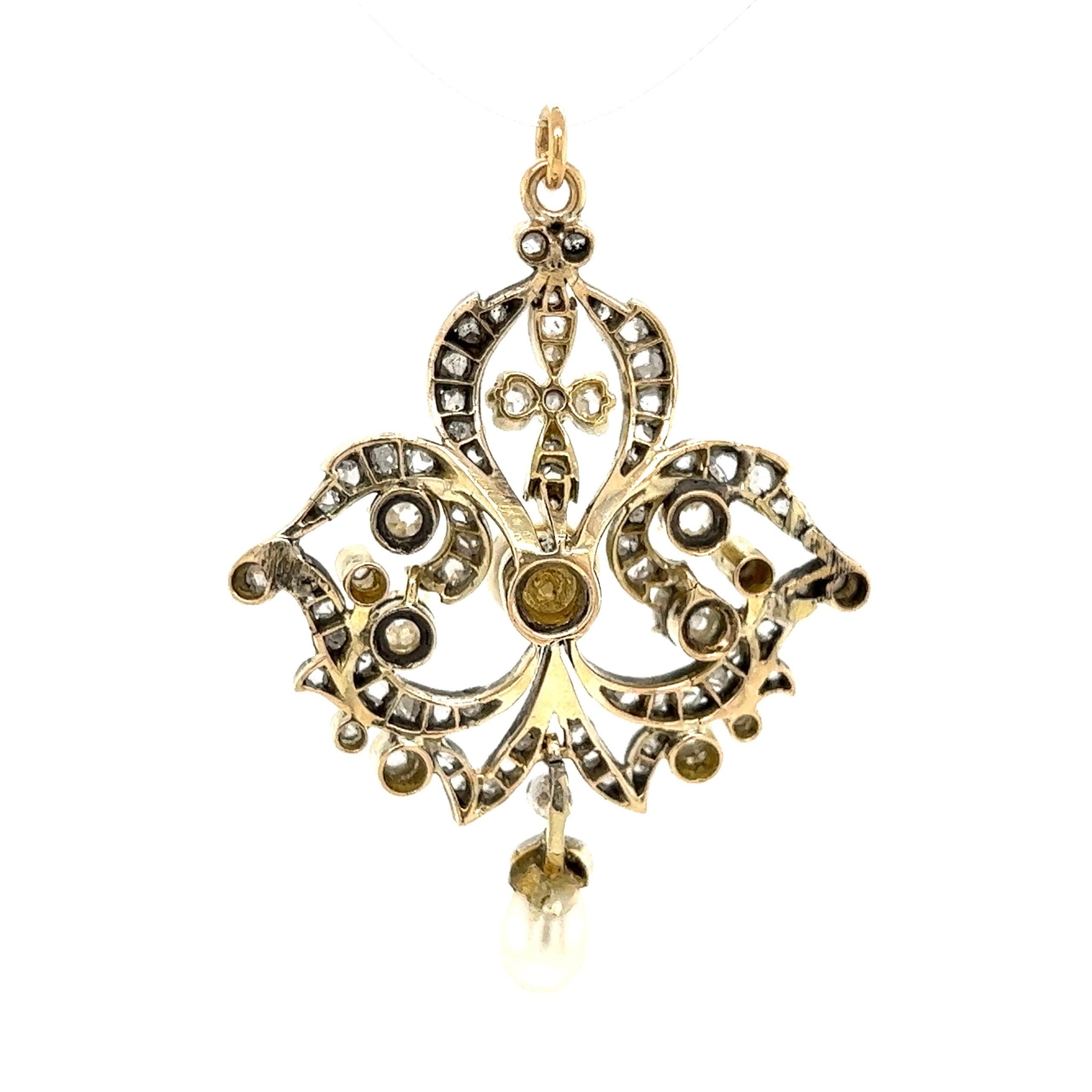 Taille mixte Pendentif ancien en argent sterling sur or avec diamants et perles - Estate Fine Jewelry en vente