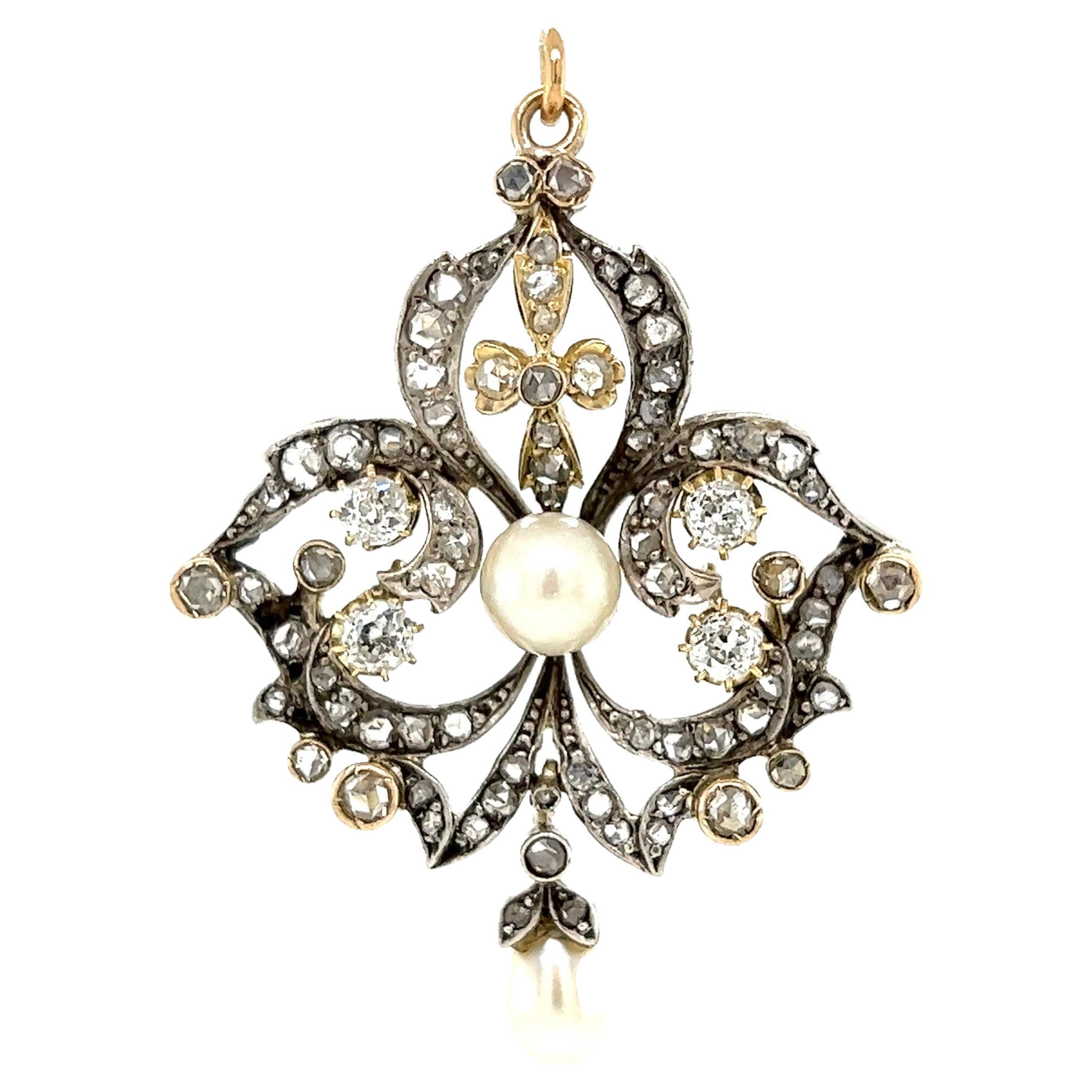 Pendentif ancien en argent sterling sur or avec diamants et perles - Estate Fine Jewelry en vente