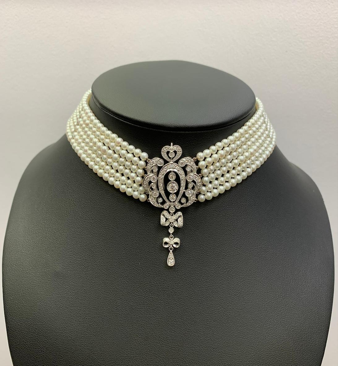 Diamond and pearl art deco choker necklace 18k white gold For Sale 4