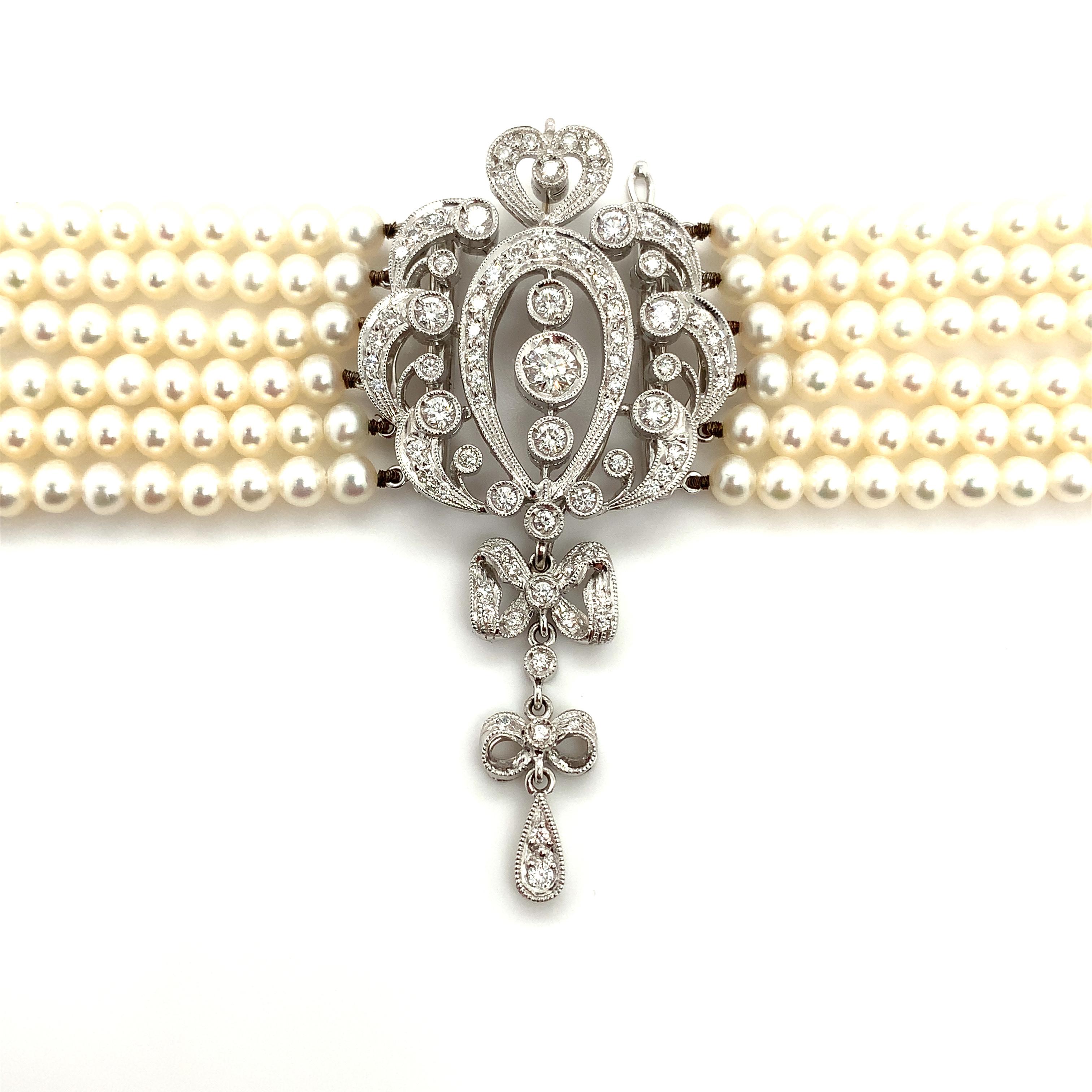 Art déco Collier ras de cou art déco diamant et perle or blanc 18k en vente