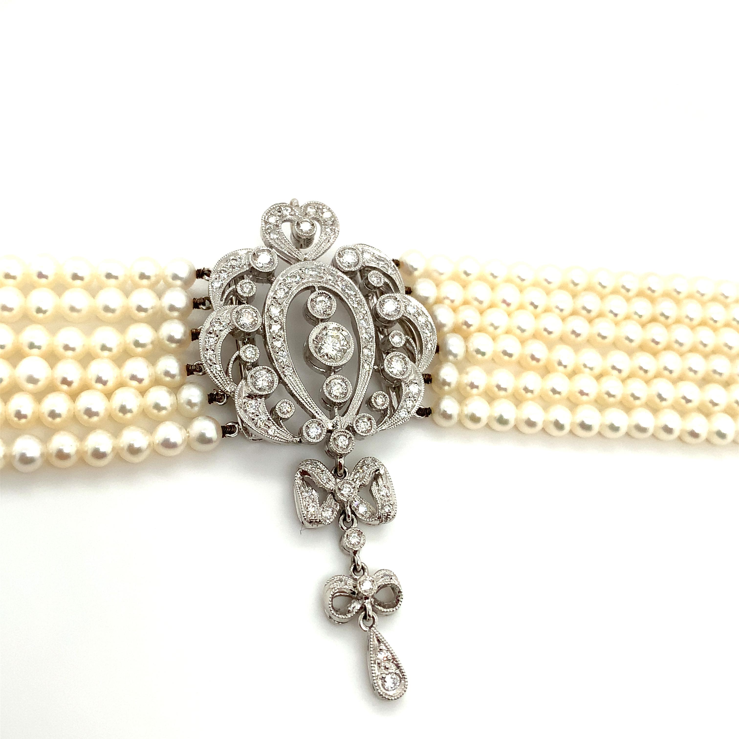 Round Cut Diamond and pearl art deco choker necklace 18k white gold For Sale