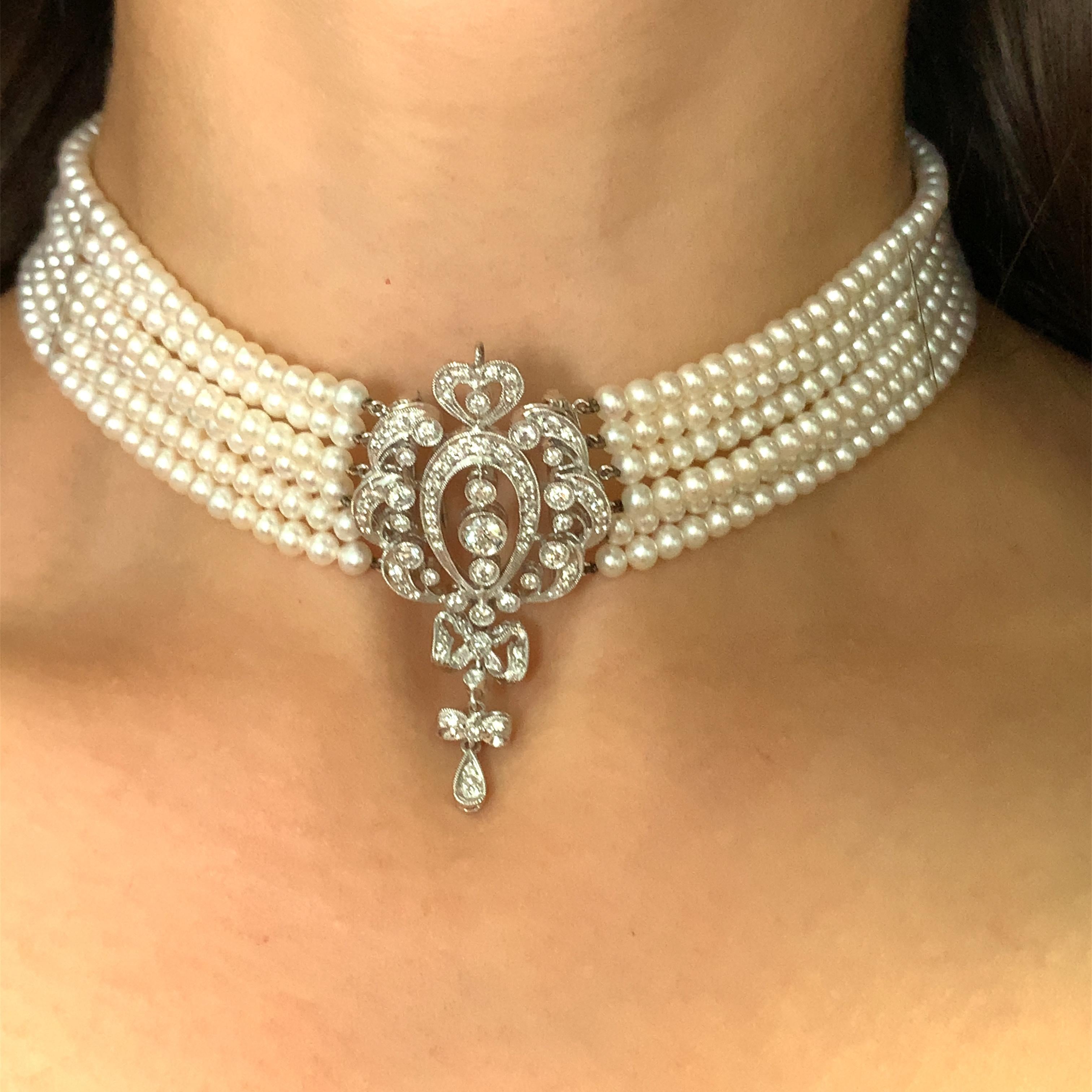 Diamond and pearl art deco choker necklace 18k white gold In New Condition For Sale In London, GB