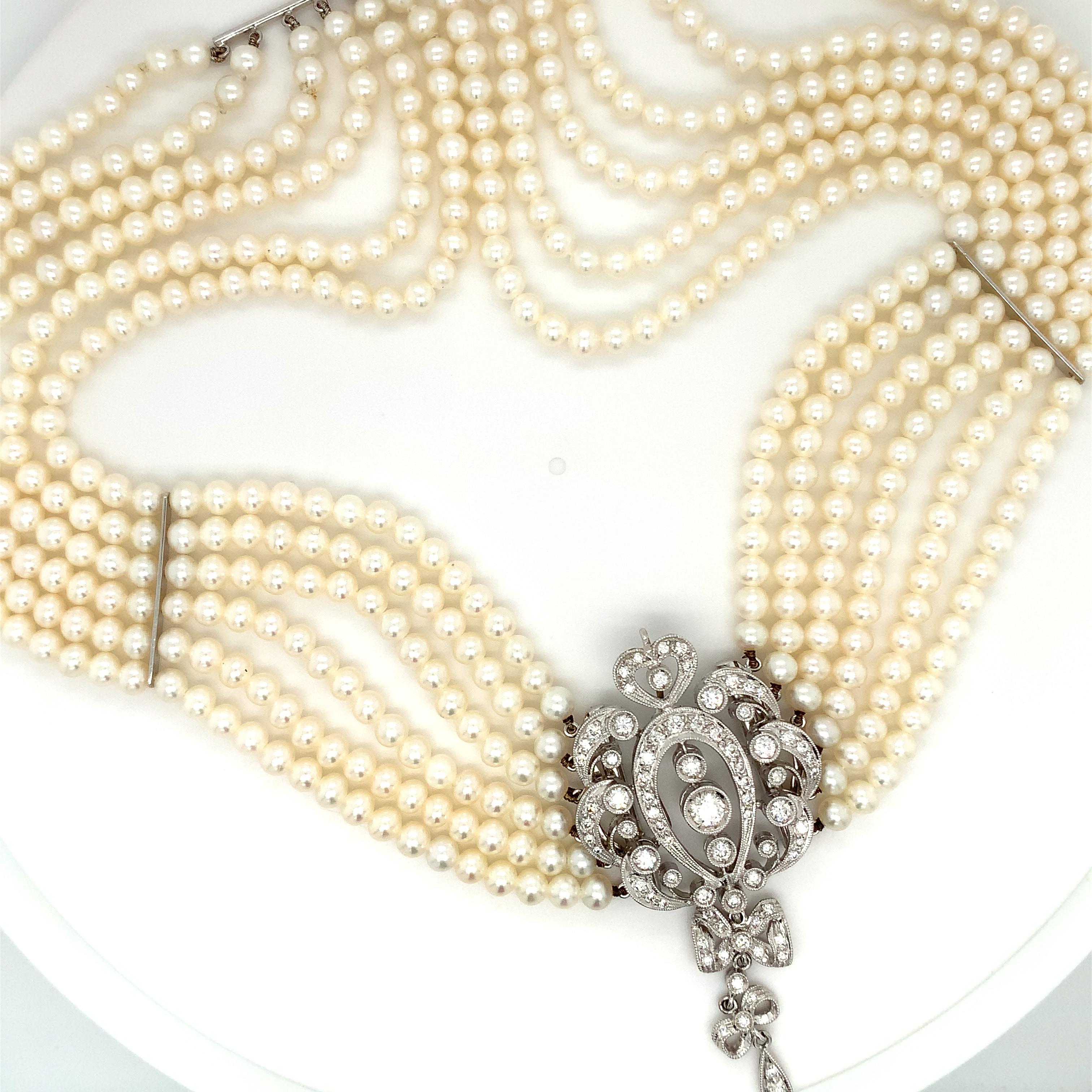 Collier ras de cou art déco diamant et perle or blanc 18k en vente 1