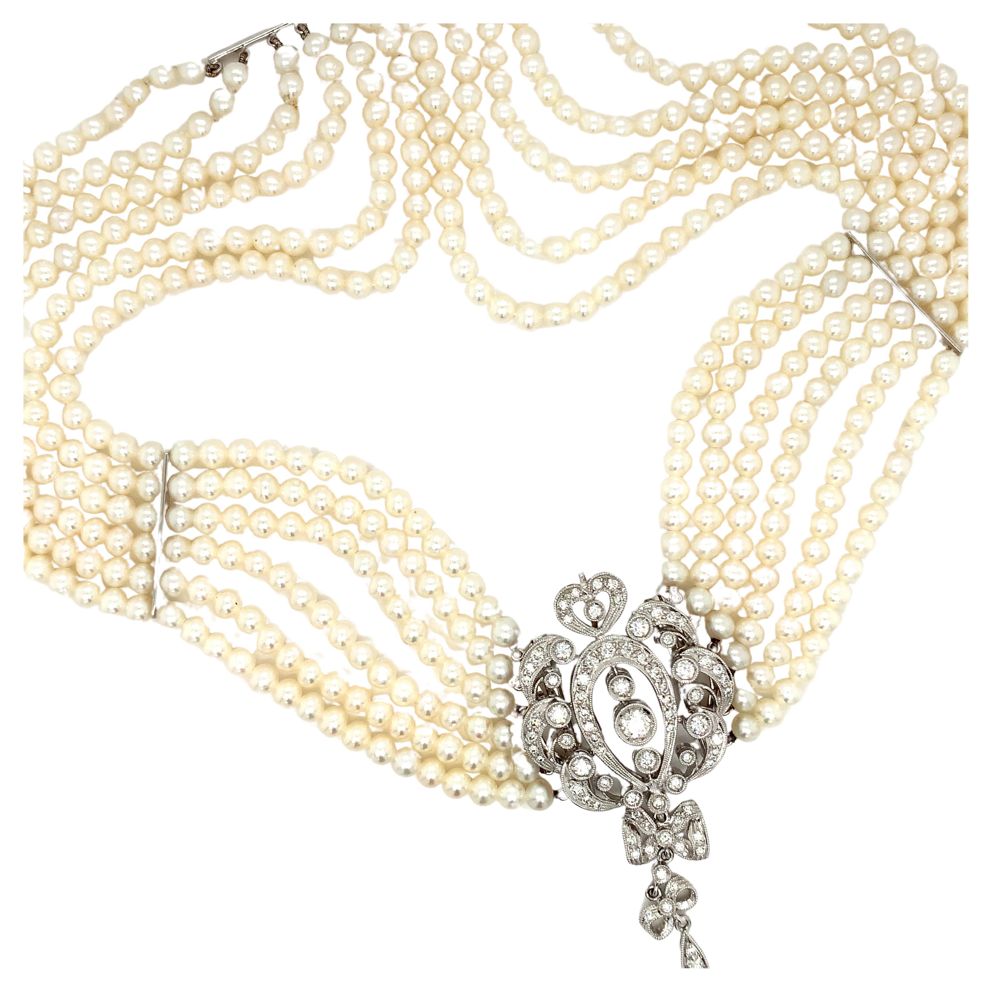 Halskette mit Diamanten und Perlen im Art-Deco-Stil aus 18 Karat Weißgold