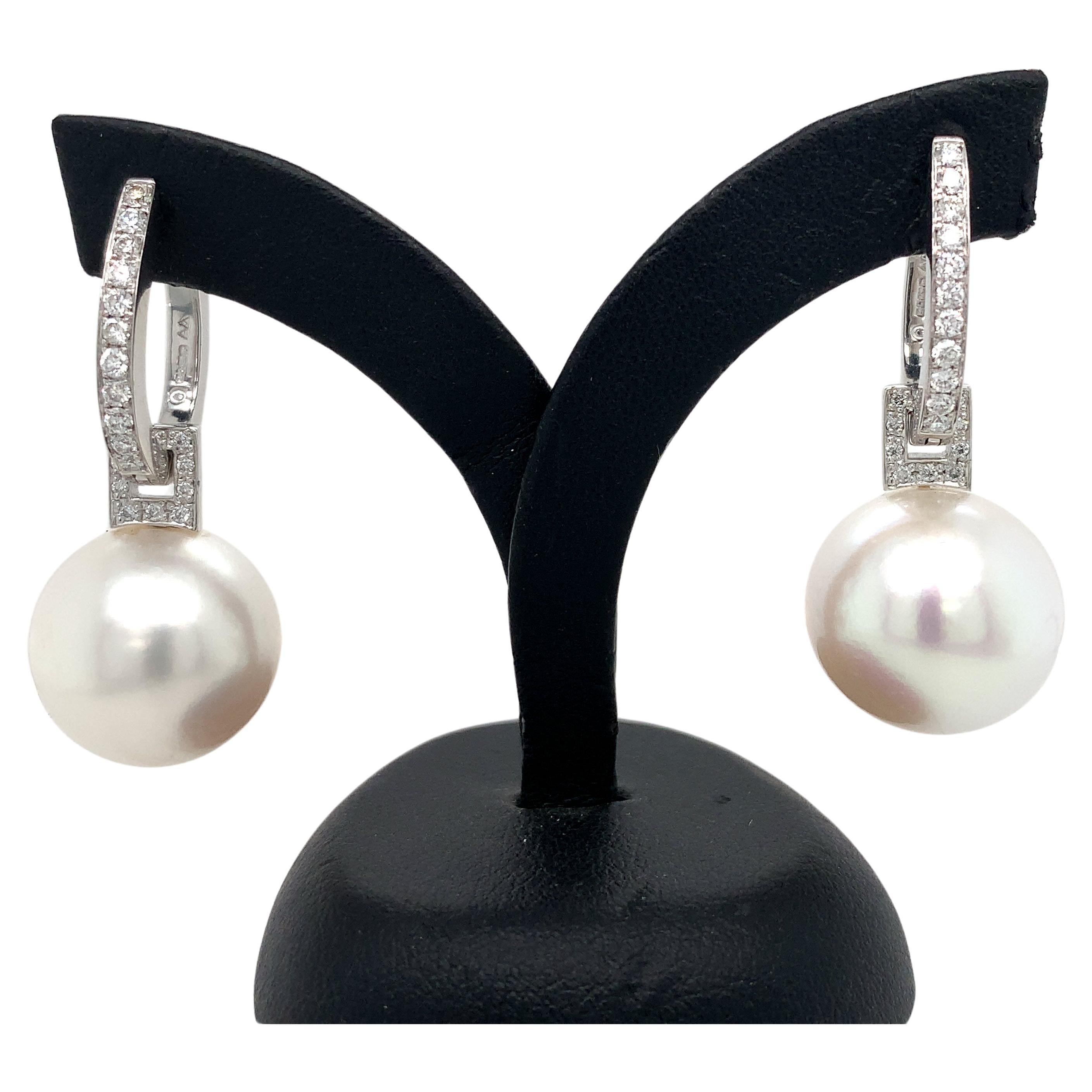 Diamond and pearl art deco drop style or hoop earrings  18k white gold