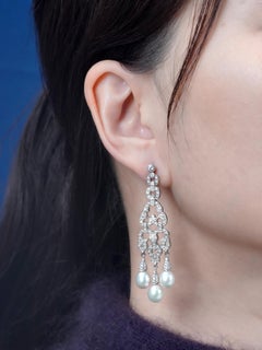 Diamond and Pearl Art Deco Style Dangle  Earrings in 18K White Gold