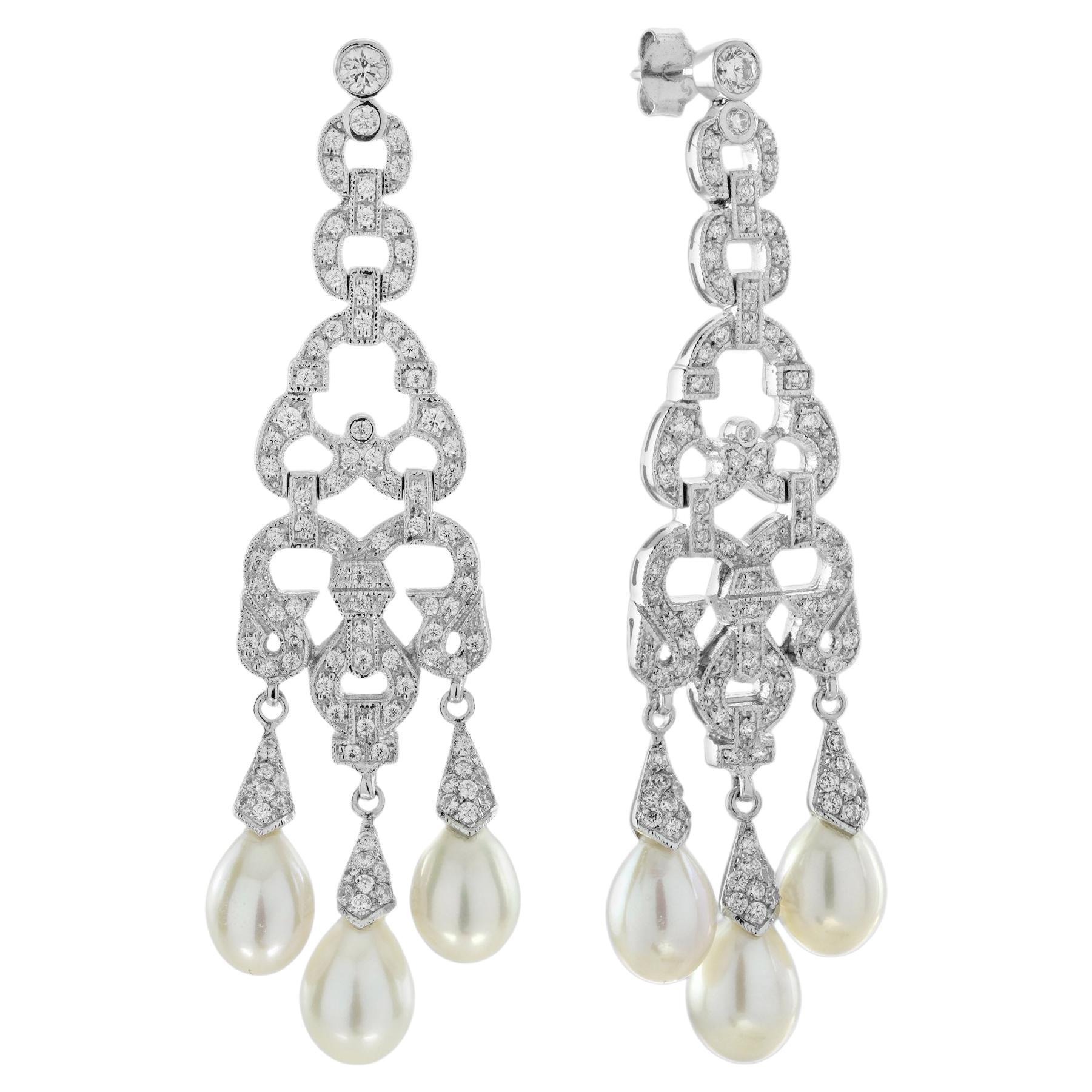Diamond and Pearl Art Deco Style Dangle  Earrings in 18K White Gold