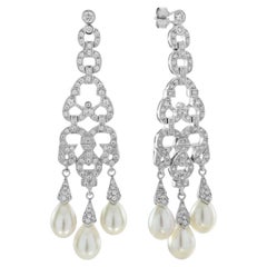 Pendente con diamanti e perle in stile Art Deco  Orecchini in oro bianco 18 carati
