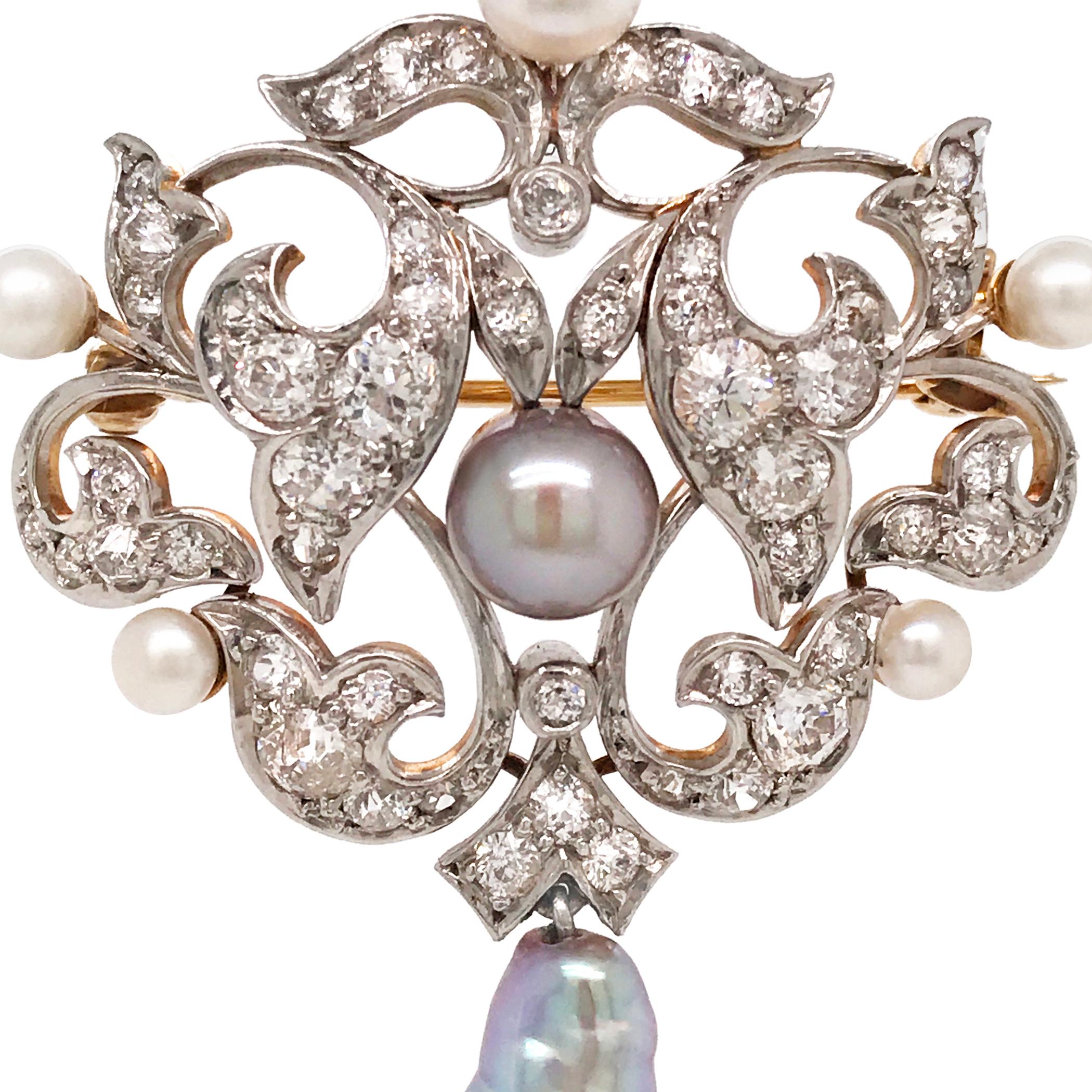 Round Cut Diamond and Pearl Brooch