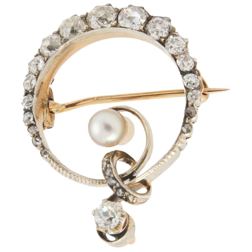 Diamond and Pearl Brooch For Sale