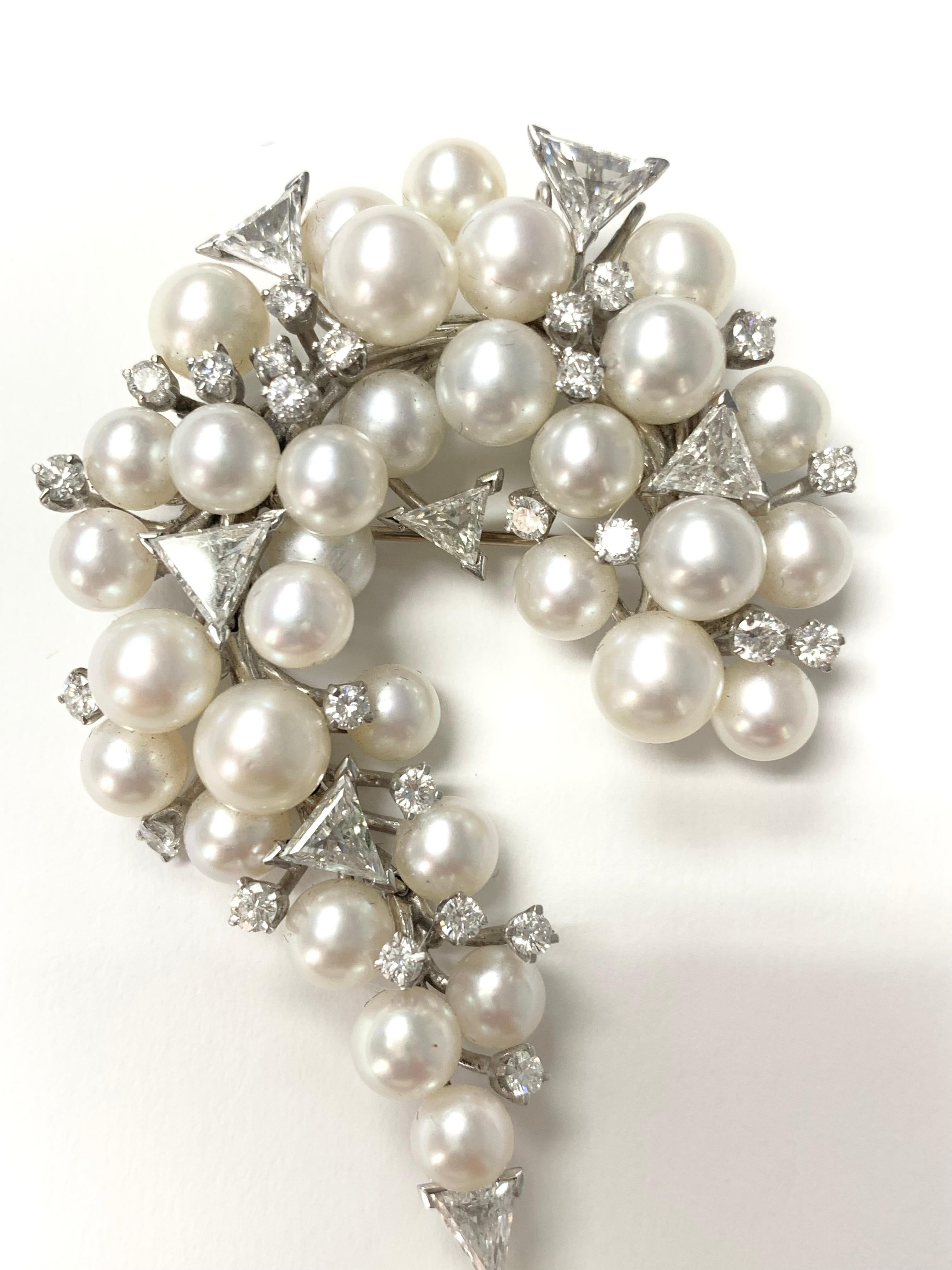 Women's or Men's Diamond and Pearl Brooch in Platinum For Sale