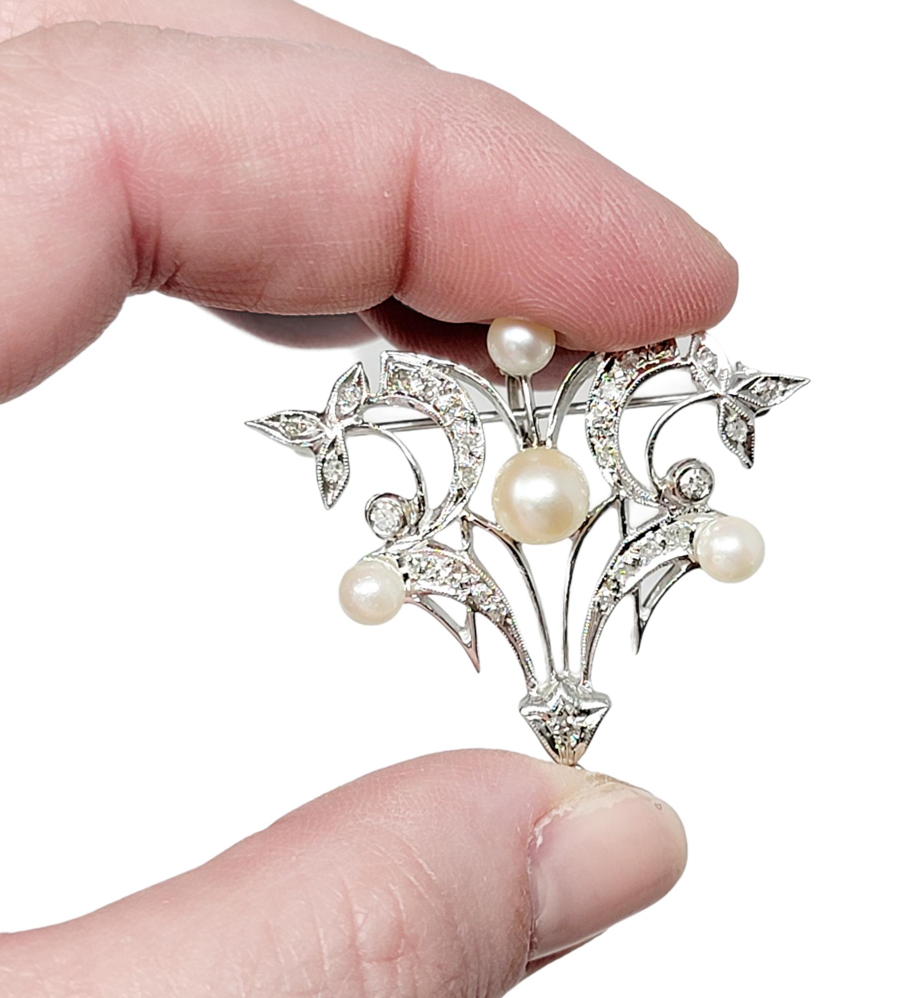 Contemporary Diamond and Pearl Brooch / Pearl Enhancer 14 Karat White Gold 