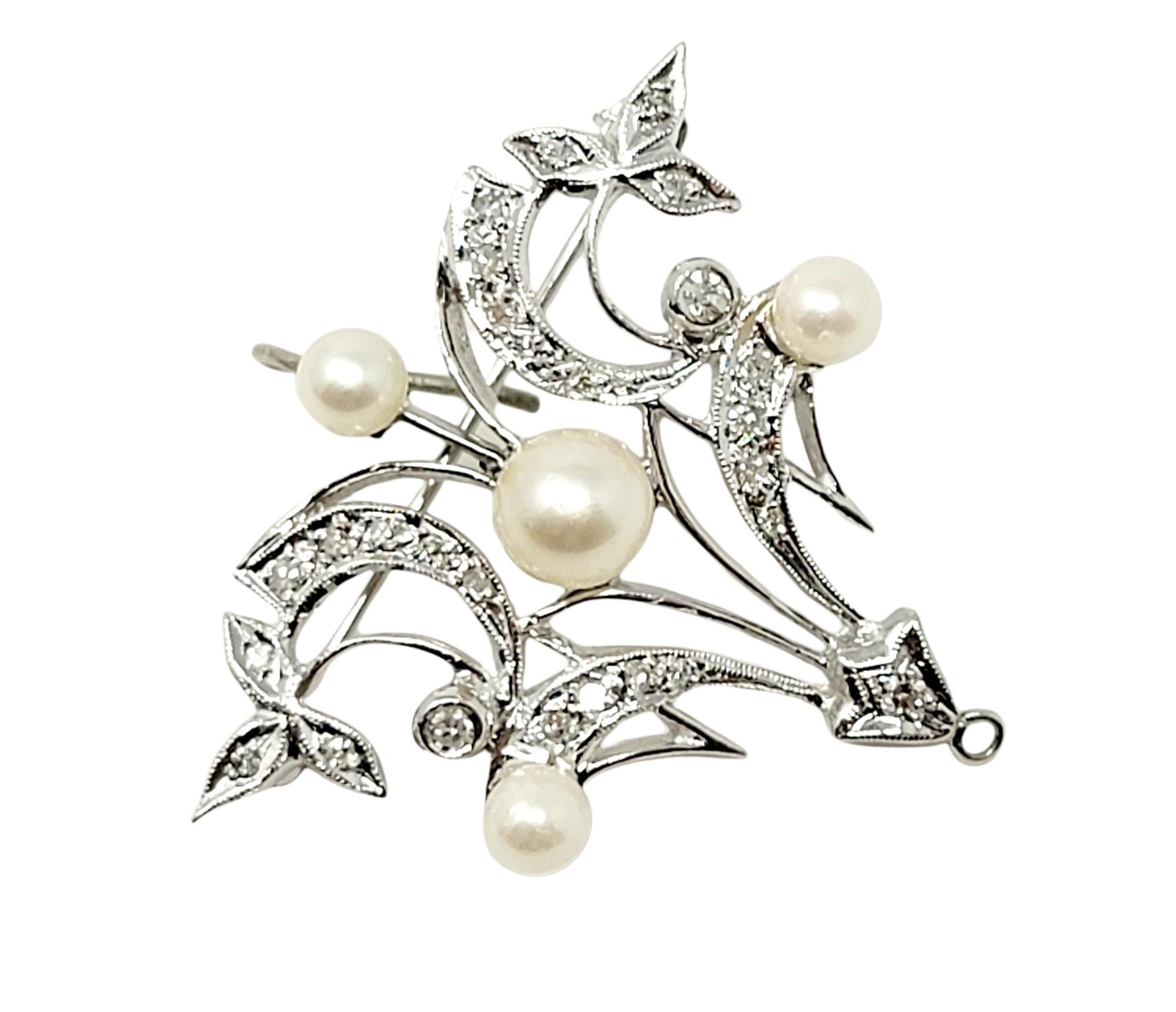 Women's Diamond and Pearl Brooch / Pearl Enhancer 14 Karat White Gold 