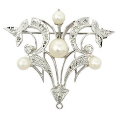 Diamond and Pearl Brooch / Pearl Enhancer 14 Karat White Gold 
