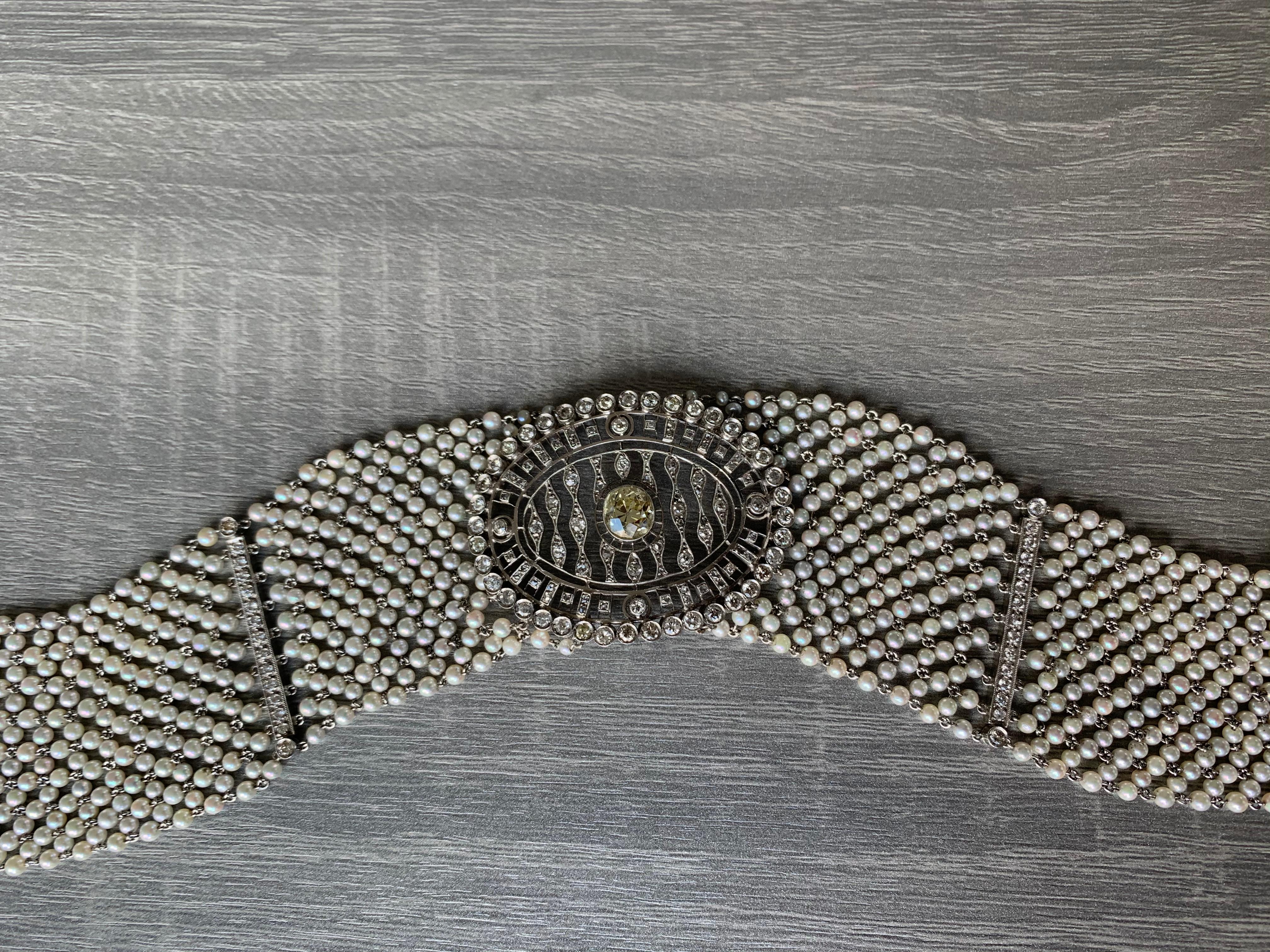 Old Mine Cut Diamond and Pearl Choker Necklace For Sale
