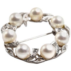 Diamond and Pearl Circle Pin 14 Karat White Gold